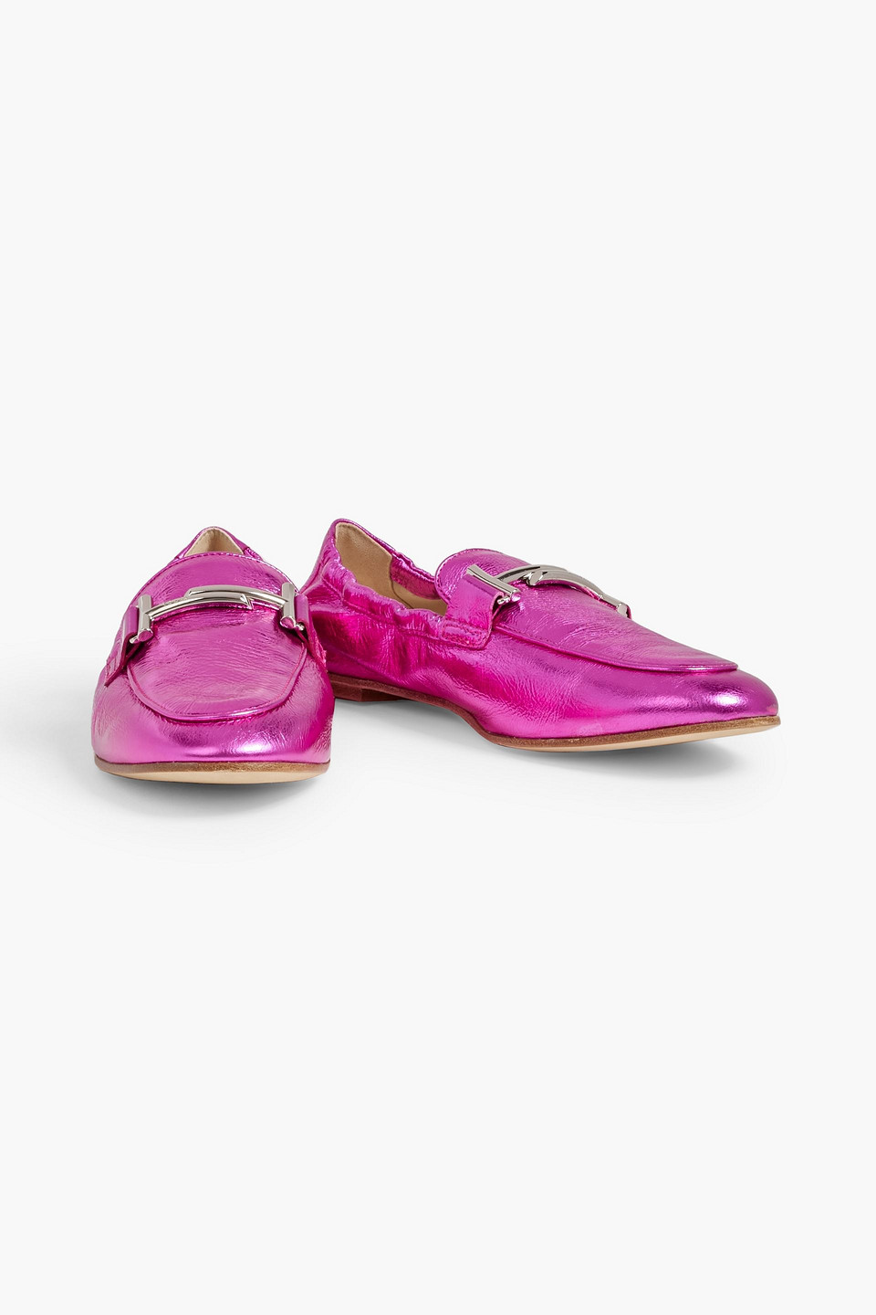 Tod's Double T Metallic Textured-leather Loafers In Bright Pink