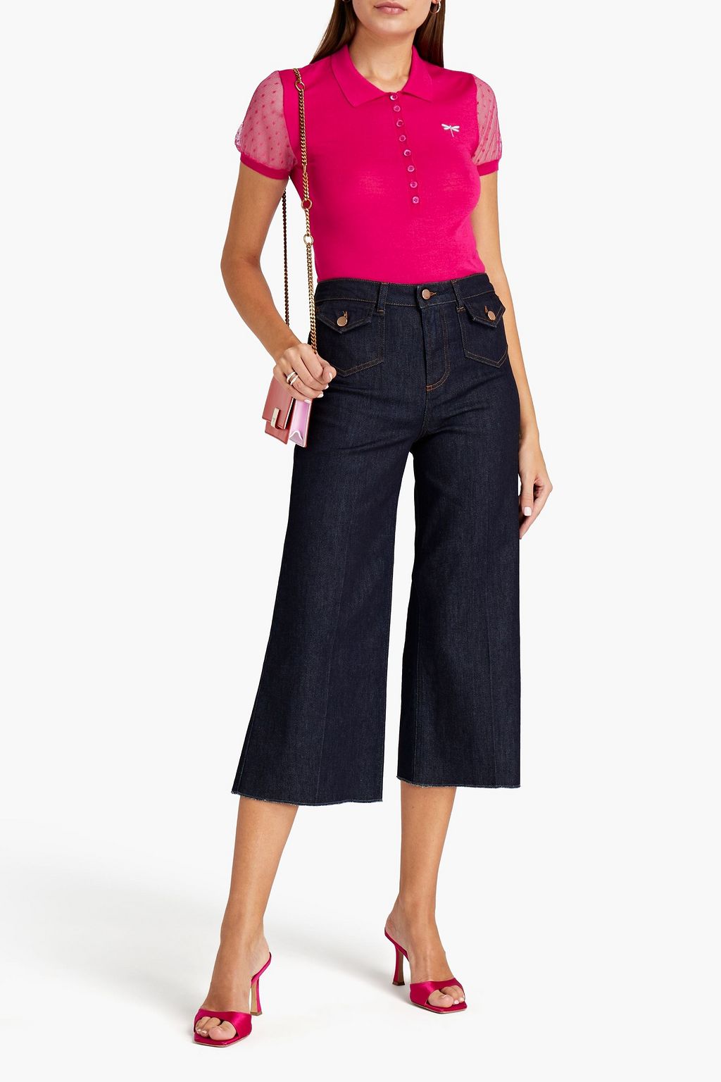 REDVALENTINO Point d'esprit-trimmed cashmere and silk-blend polo shirt