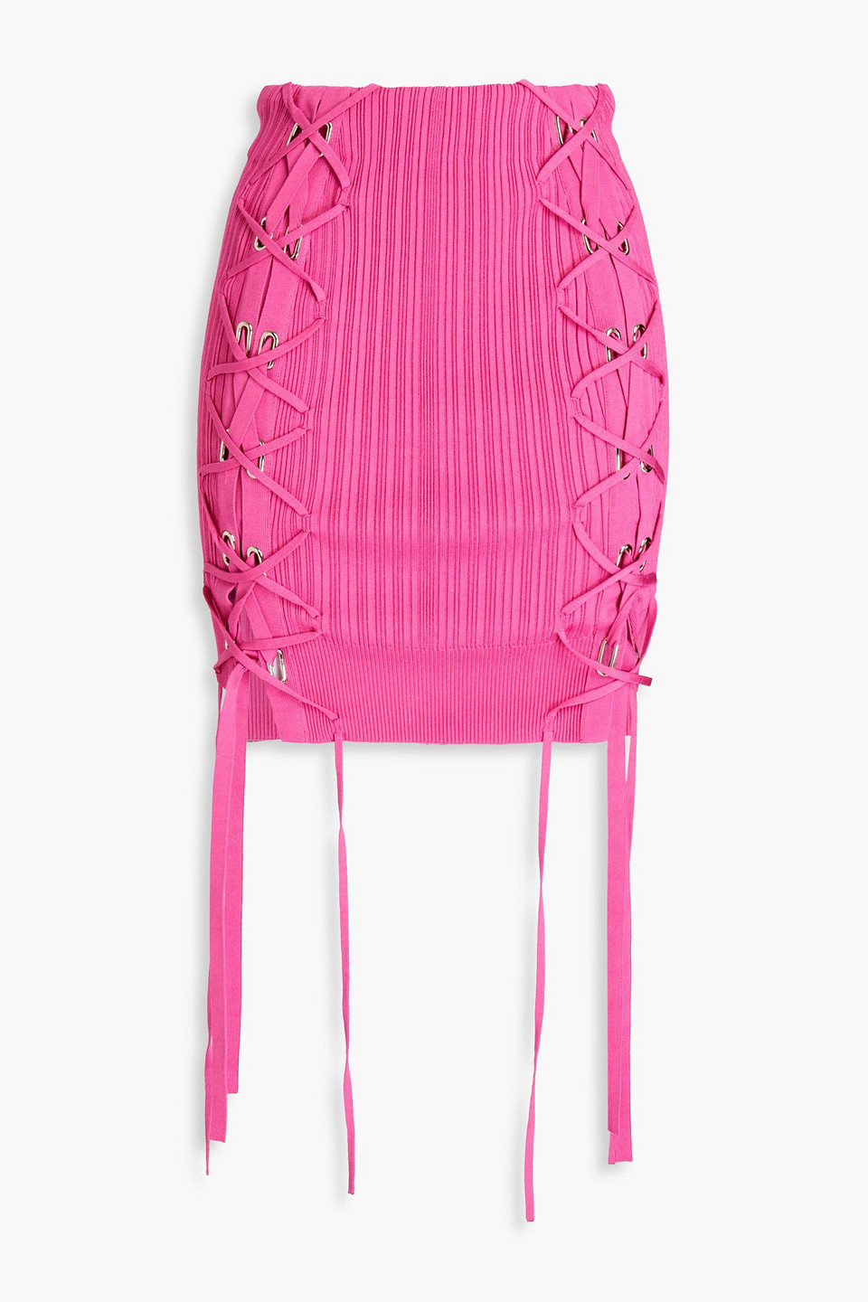 Herve Leger Lace-up Ribbed-knit Mini Skirt In Pink