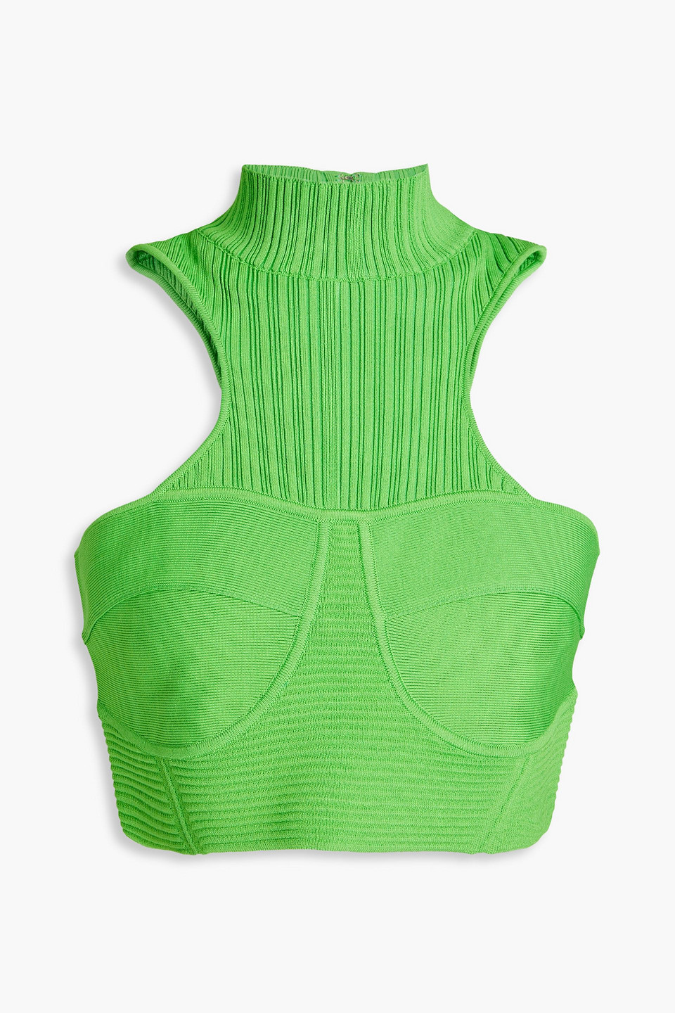 Herve Leger Cropped Ribbed-knit And Bandage Top In Green