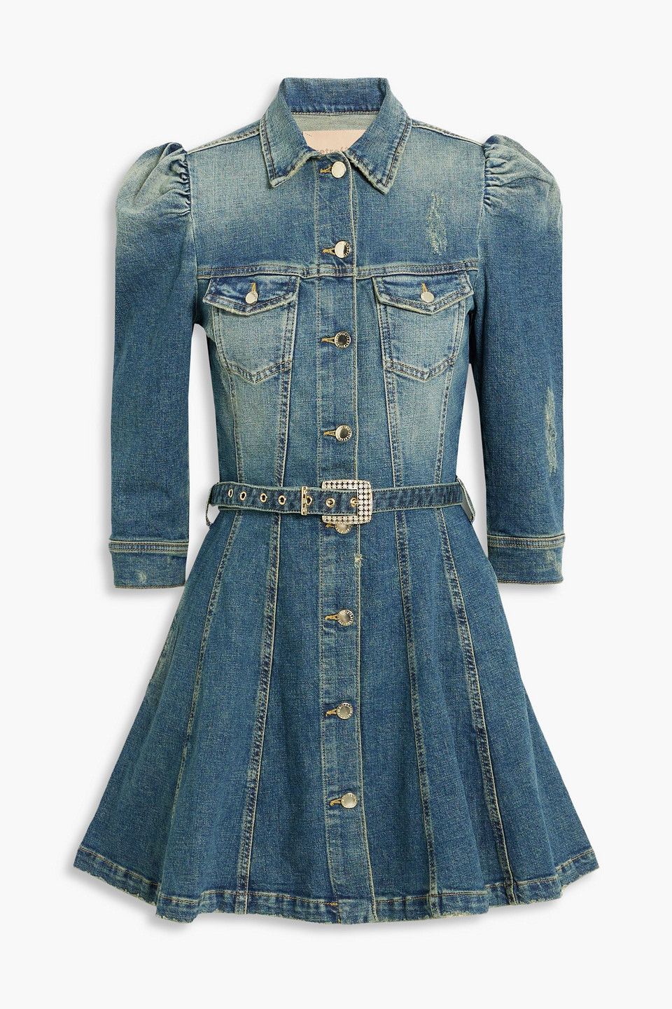 RETROFÉTE CLARA BELTED DISTRESSED DENIM MINI DRESS,3074457345632700638