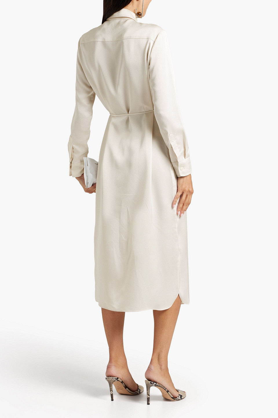 Shop Halston Belted Satin-crepe Midi Shirt Dress In Cream