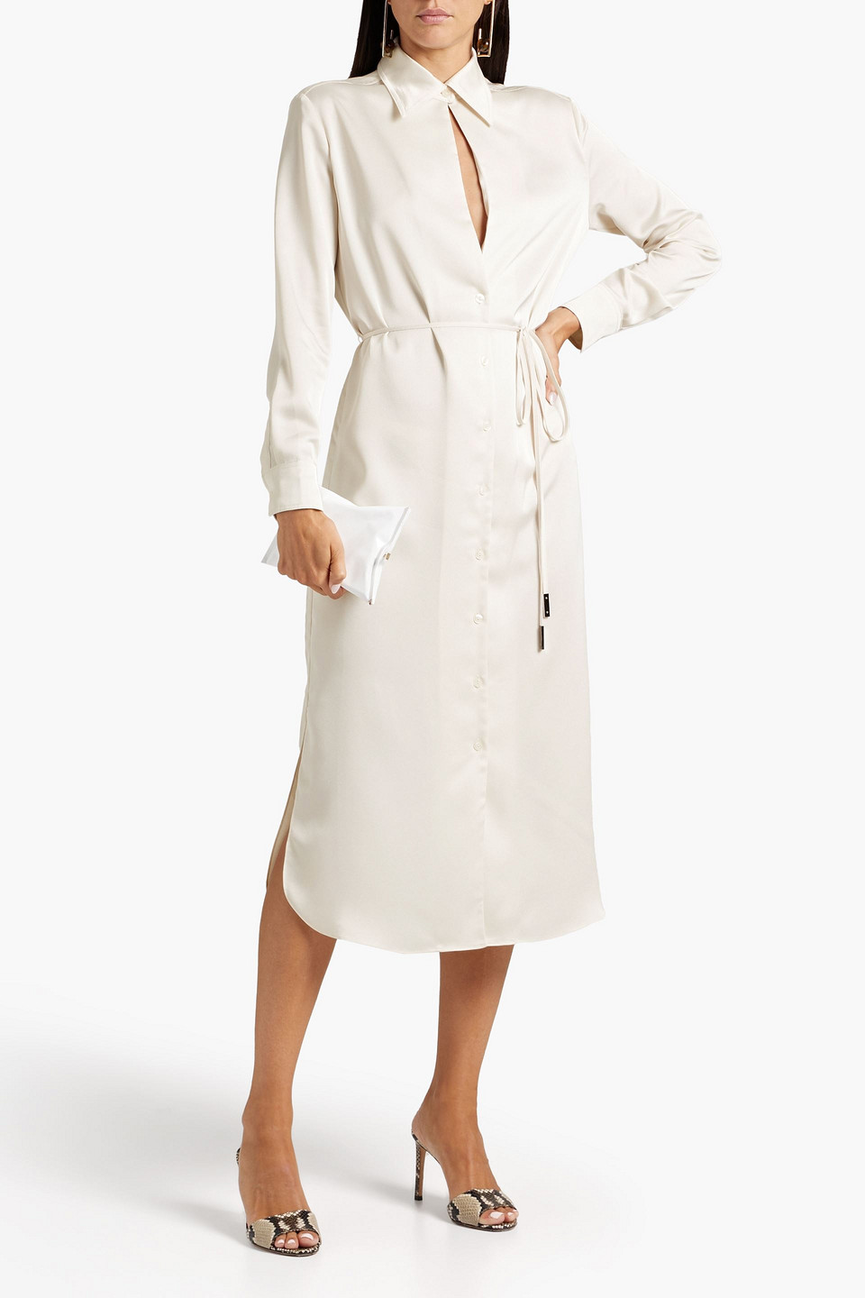 Shop Halston Belted Satin-crepe Midi Shirt Dress In Cream