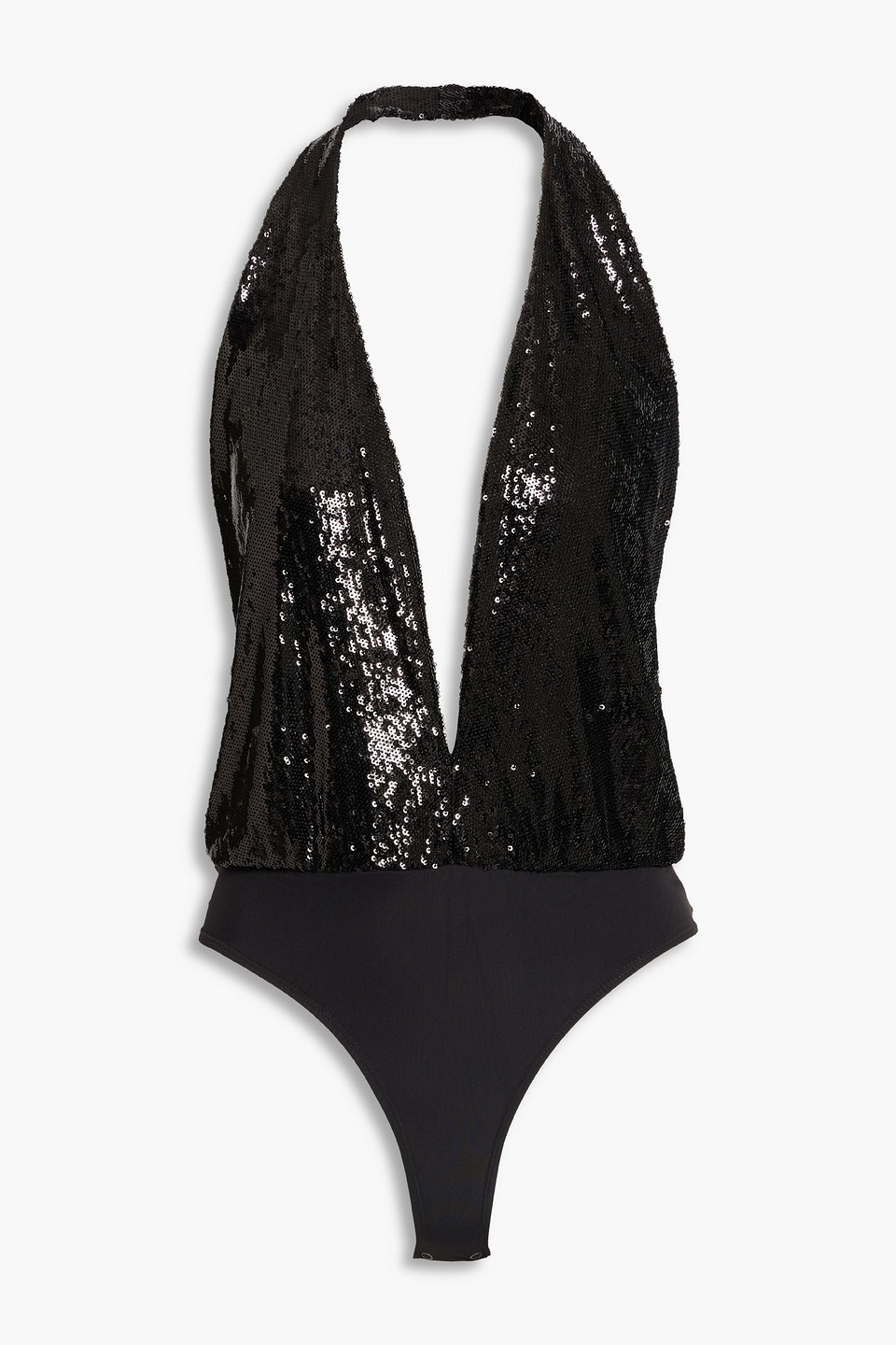 Halston Cary Sequined Mesh Halterneck Bodysuit In Black
