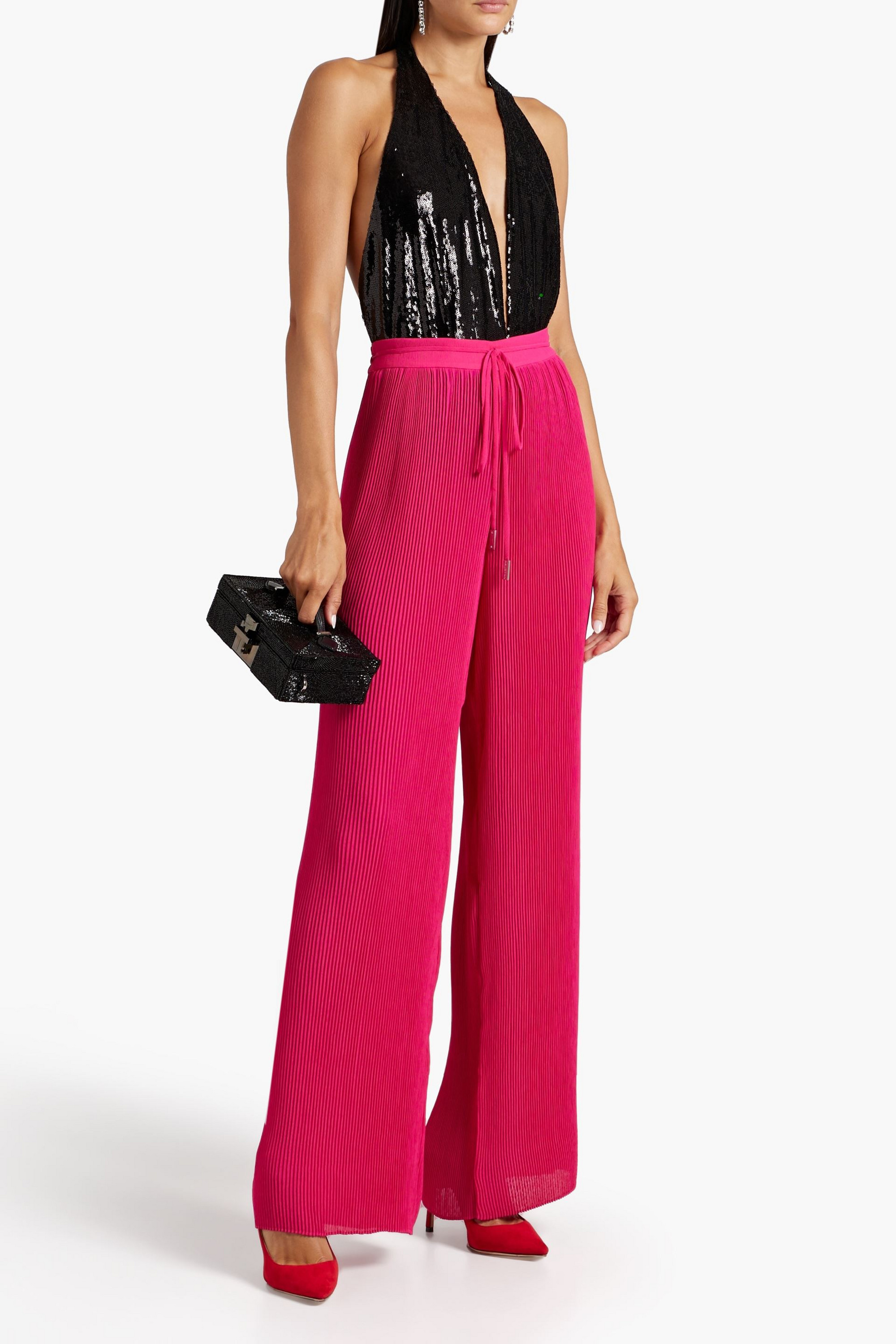 HALSTON Sophia pleated crepon wide-leg pants