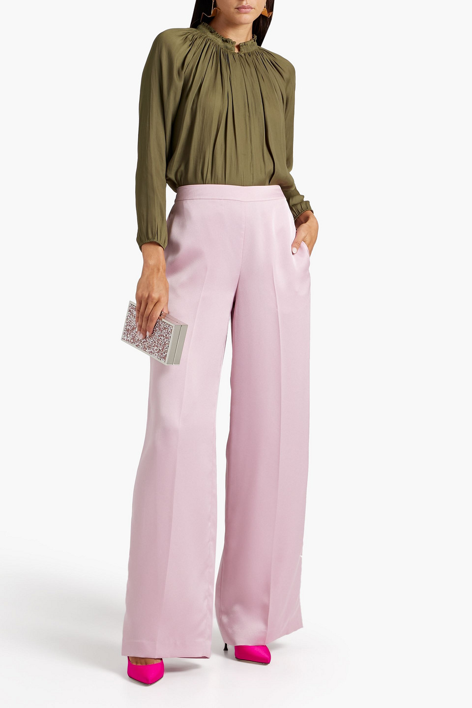 Shop Halston Aleah Satin Wide-leg Pants In Blush