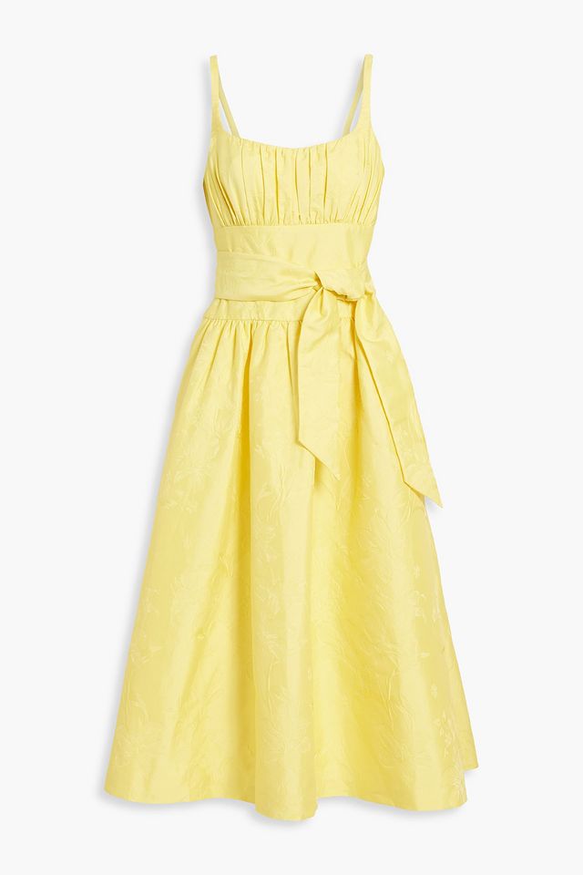 Pleated floral-jacquard midi dress