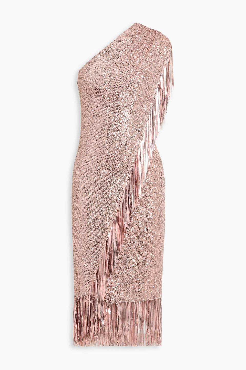 BADGLEY MISCHKA ONE-SHOULDER FRINGED SEQUINED STRETCH-TULLE MIDI DRESS,3074457345632705729