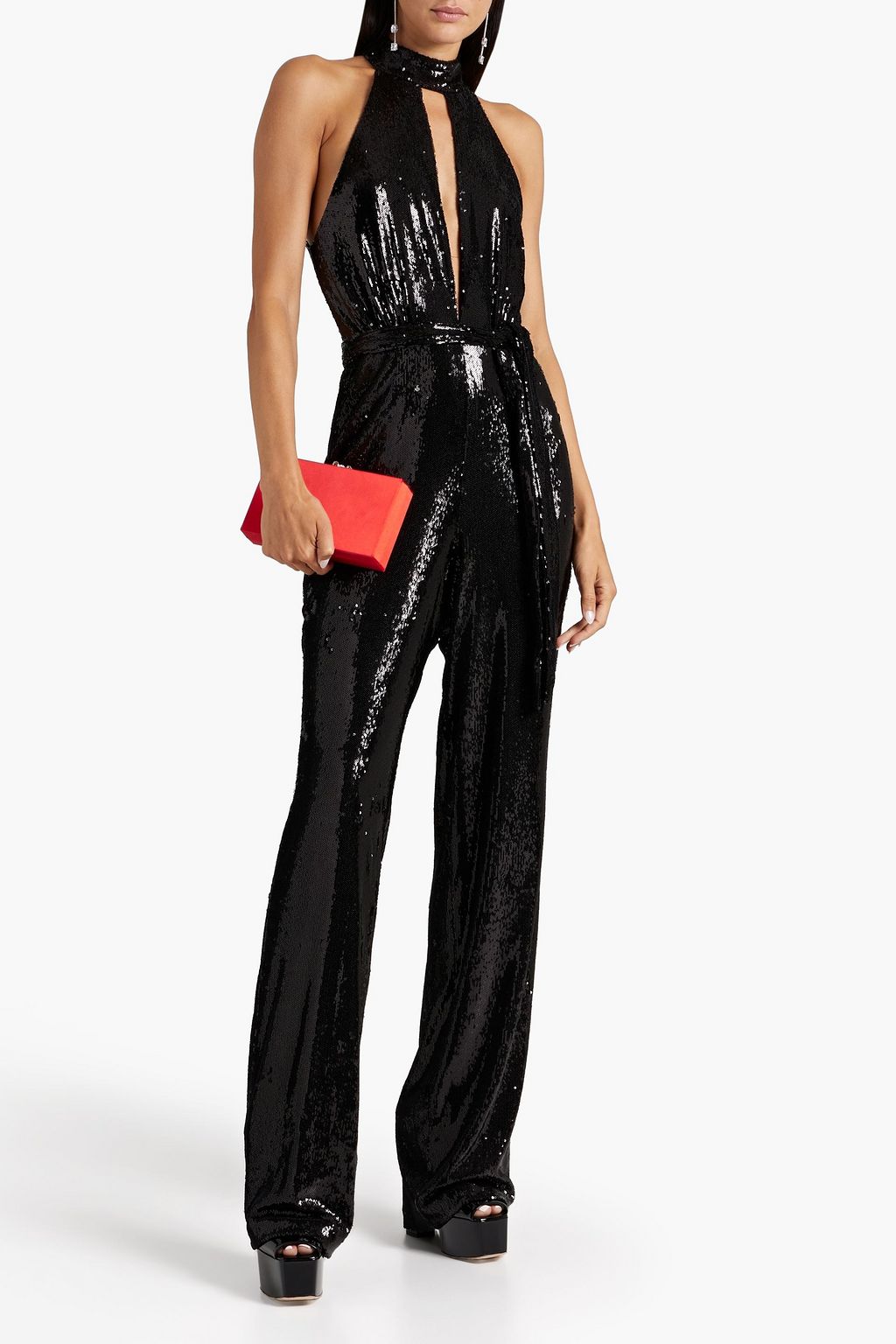 HALSTON جمبسوت «آش» من التول مزين بالترتر ومميز بفتحات وحزام