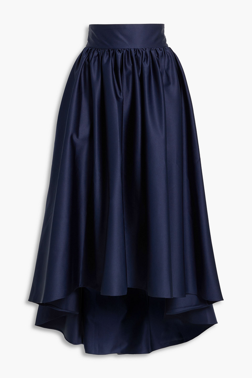 Halston Beverly asymmetric gathered duchesse-satin midi skirt