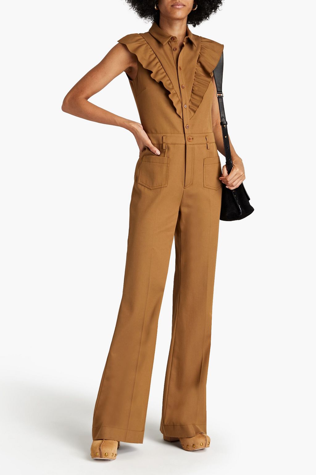 REDVALENTINO Ruffled cotton and wool-blend twill flared jumpsuit