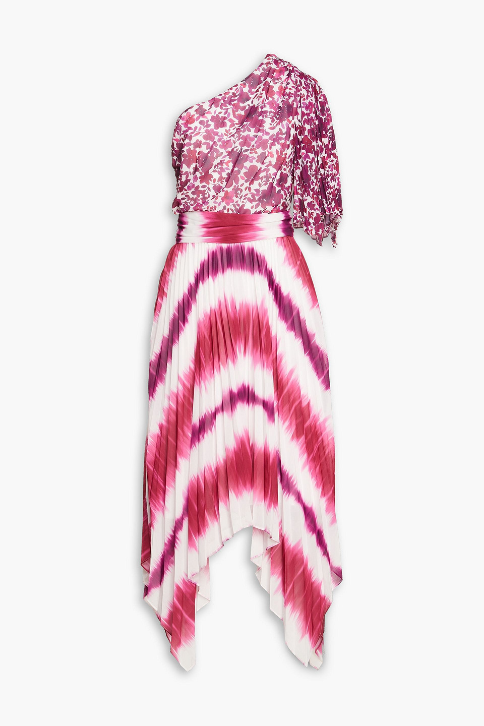 AMUR One-shoulder two-tone ruched plissé-georgette midi dress