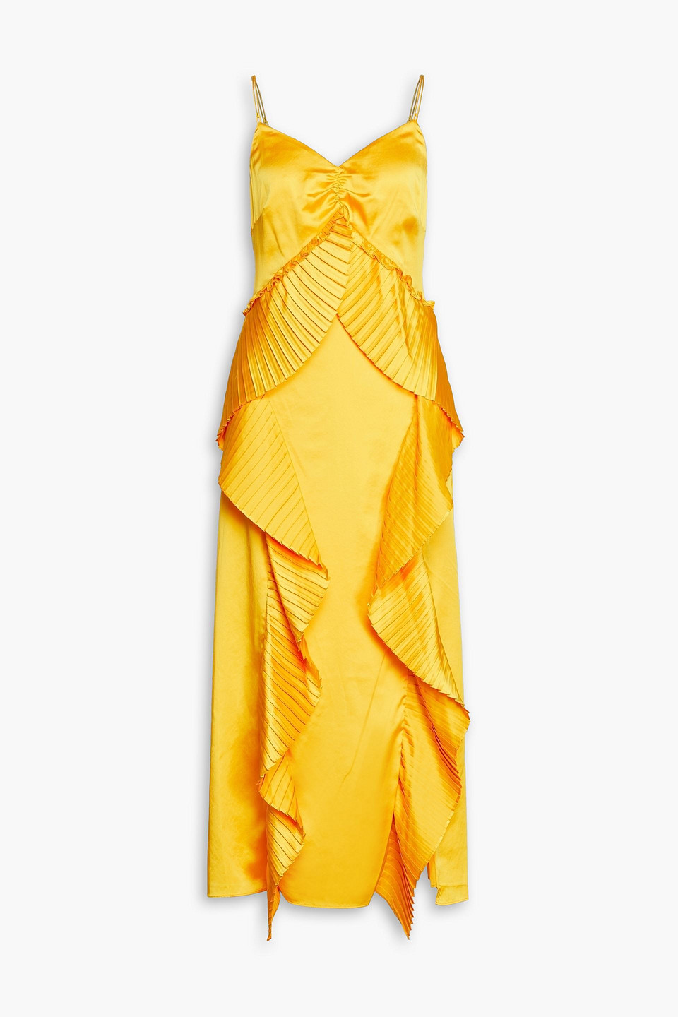 AMUR PLEATED RUFFLED SATIN MAXI SLIP DRESS,3074457345632714782