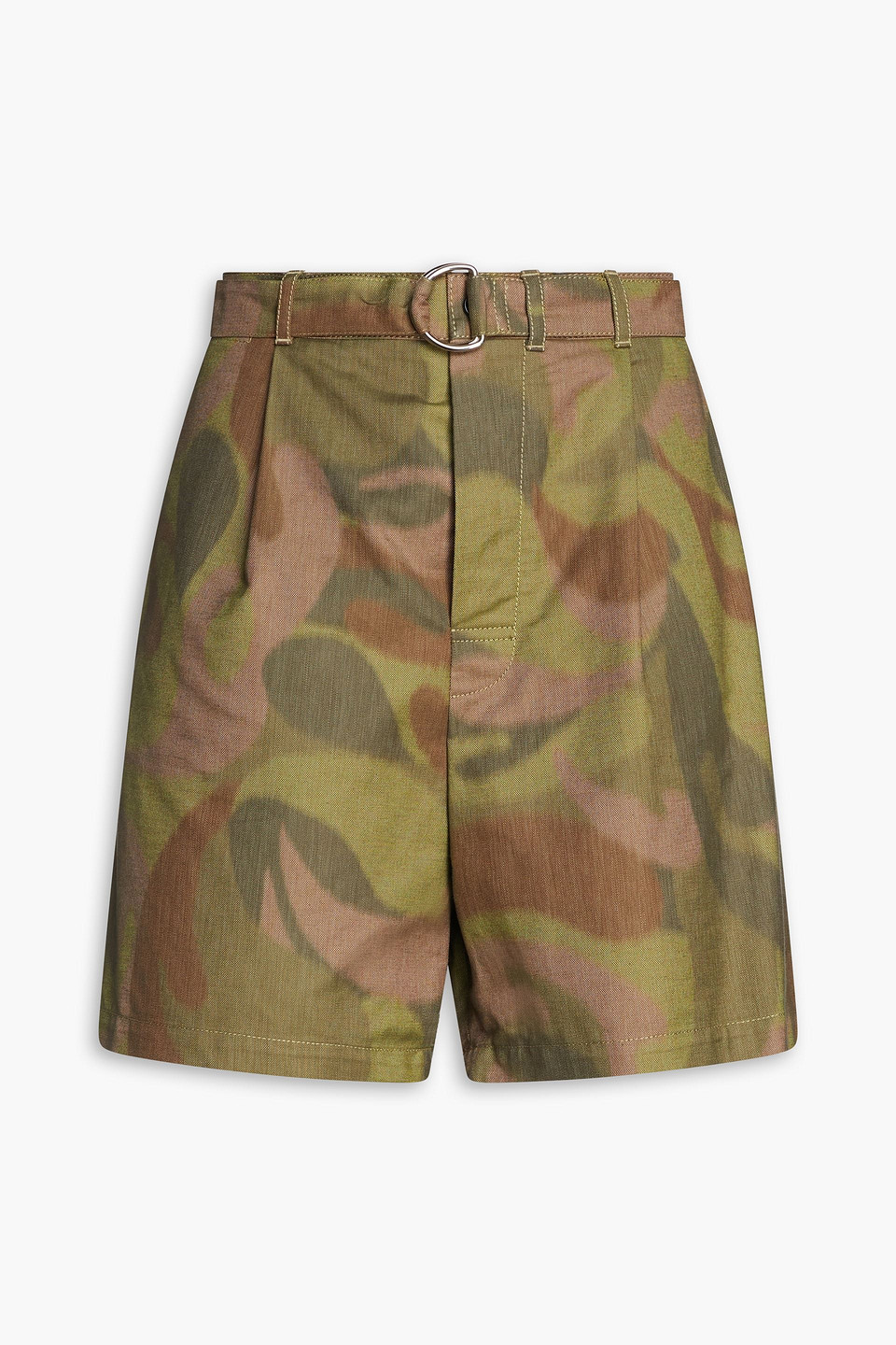 Belted printed cotton-blend canvas shorts