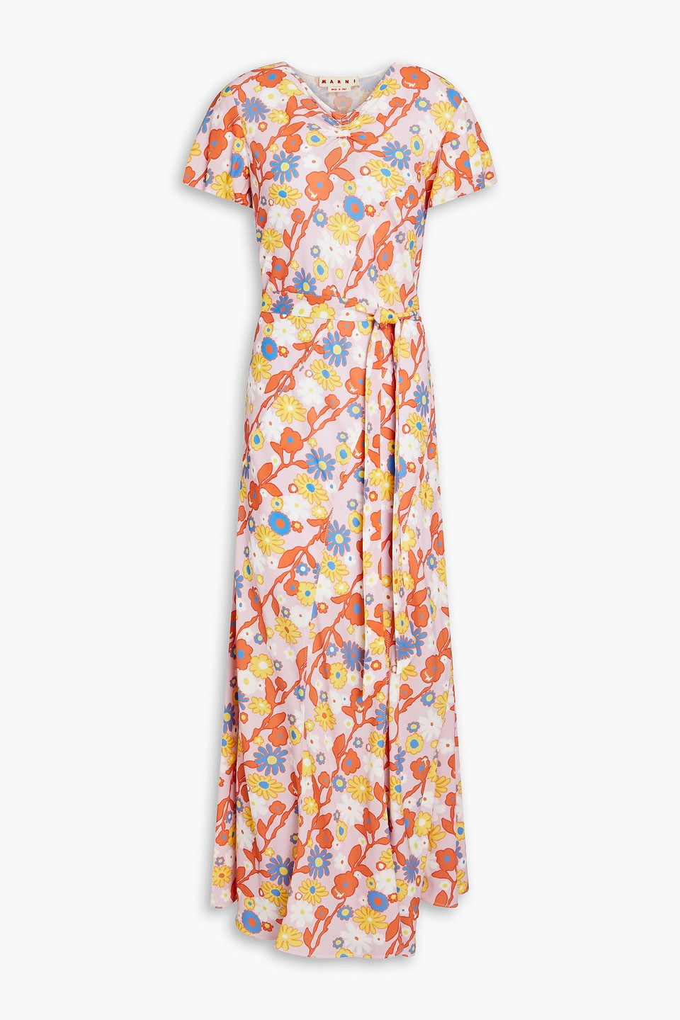 Marni Belted Floral-print Crepe Midi Dress In Baby Pink