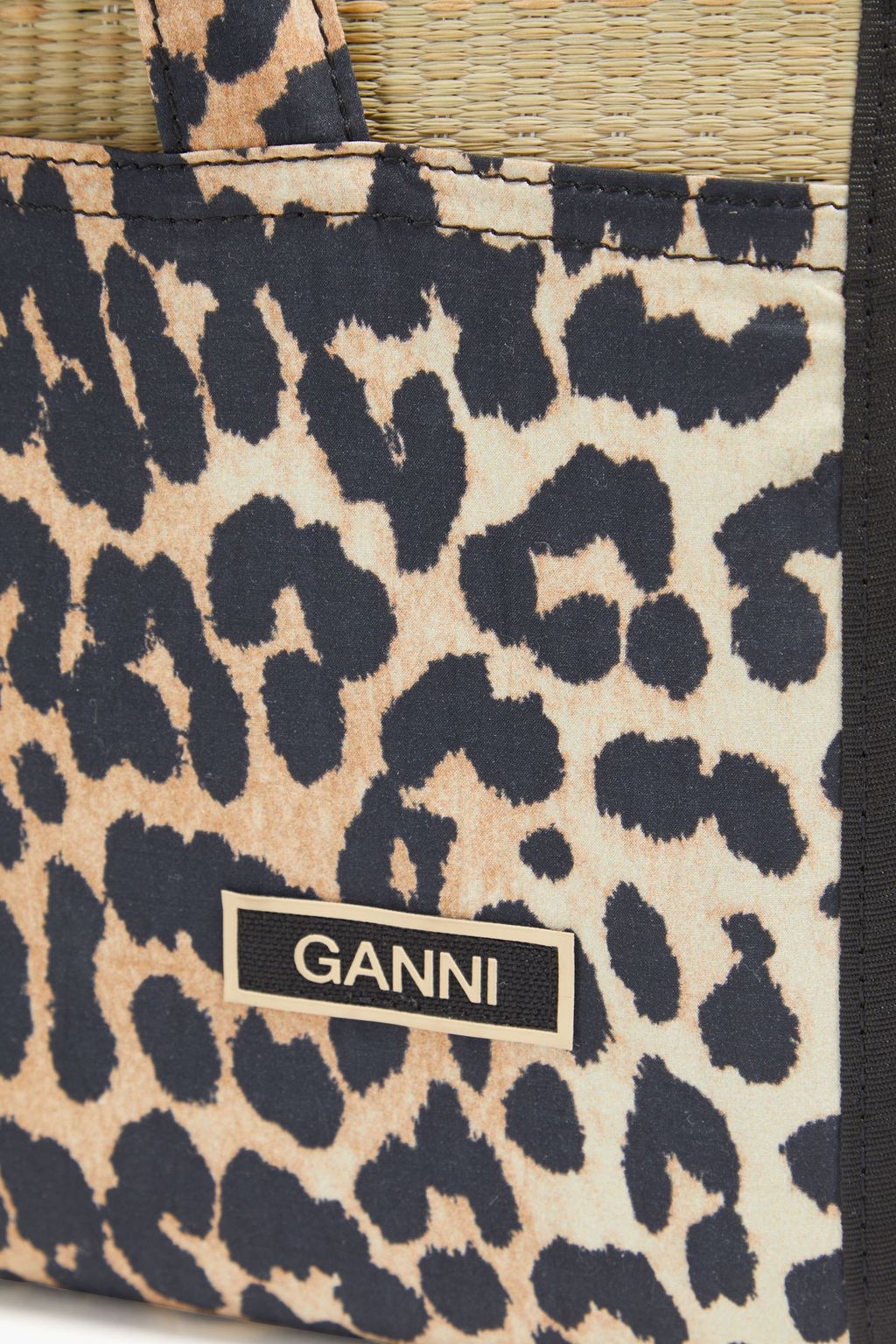 GANNI Leopard-print woven and straw beach towel