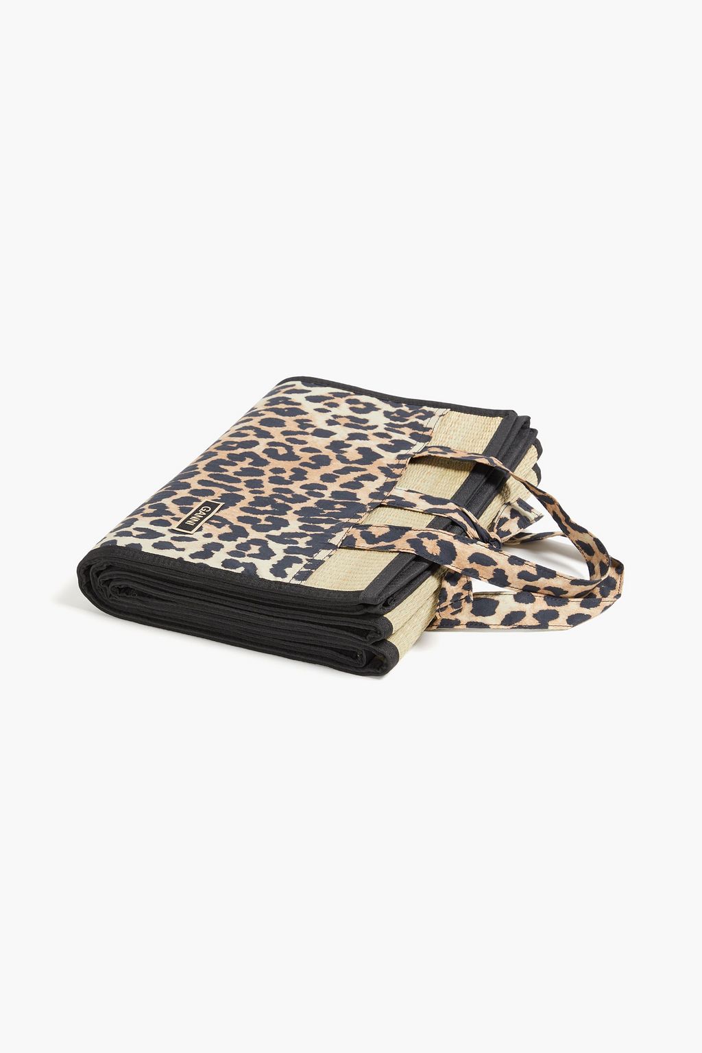 GANNI Leopard-print woven and straw beach towel