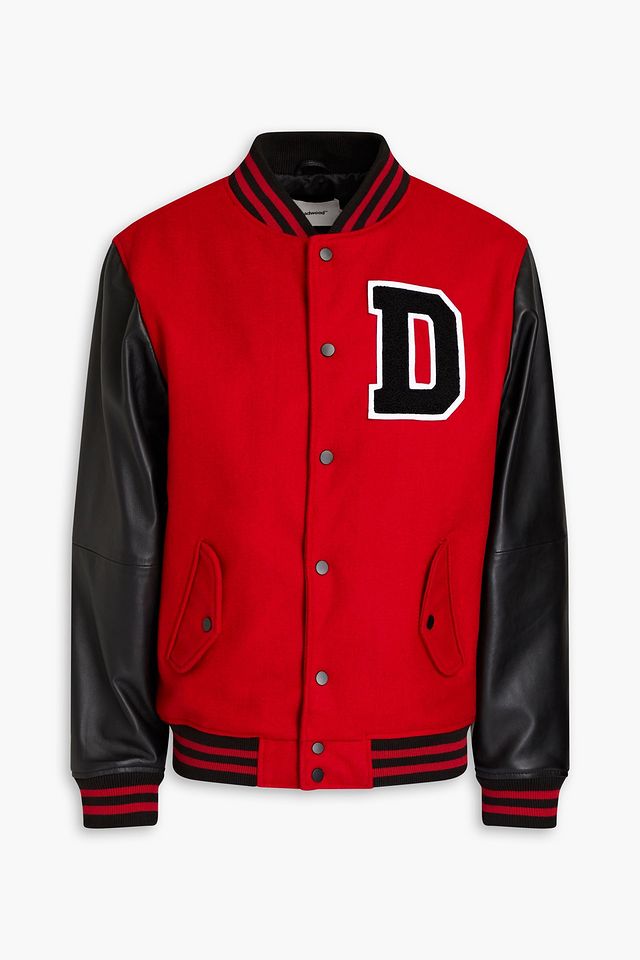 Appliquéd leather-paneled wool-felt bomber jacket