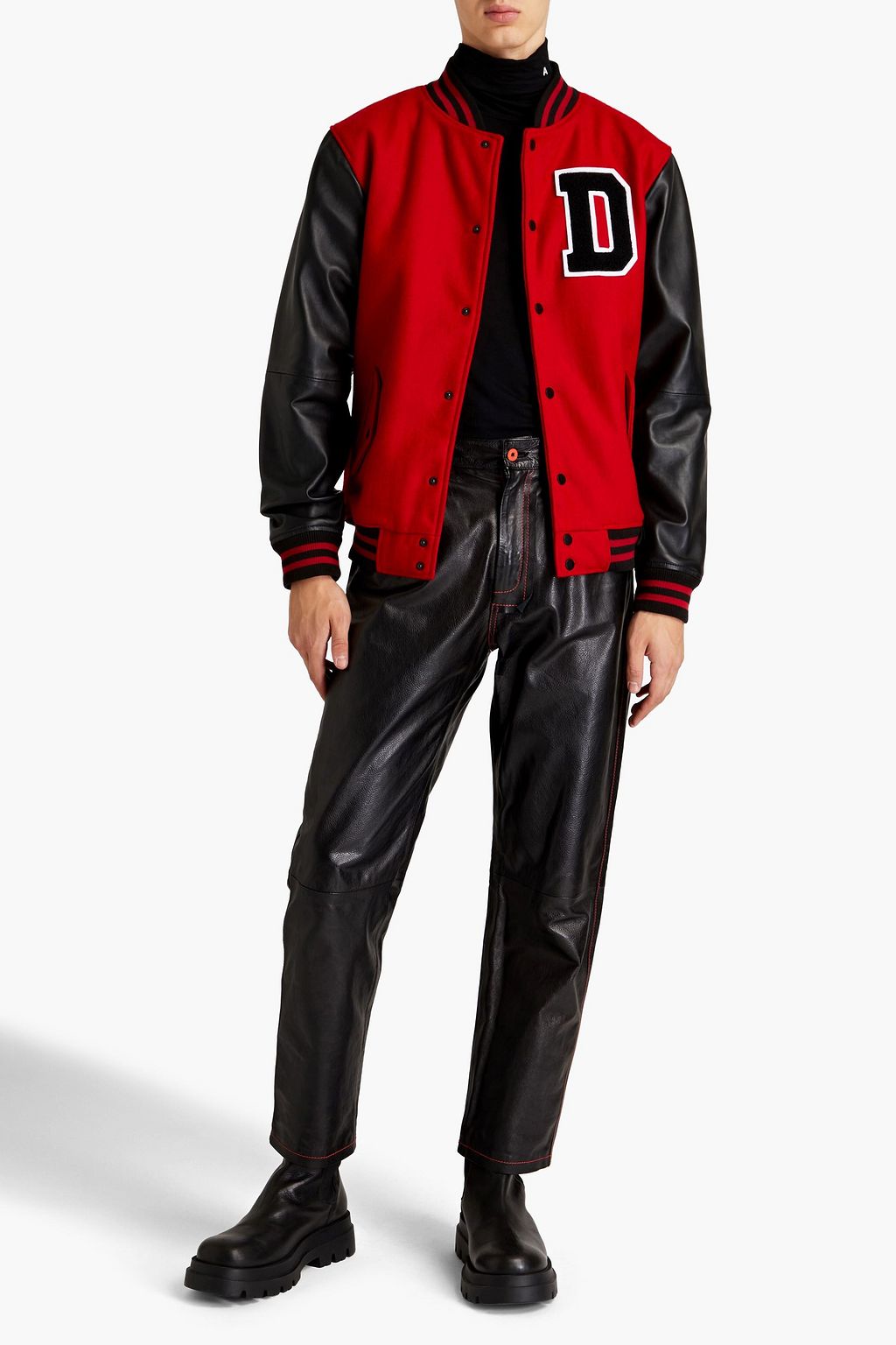 DEADWOOD Appliquéd leather-paneled wool-felt bomber jacket