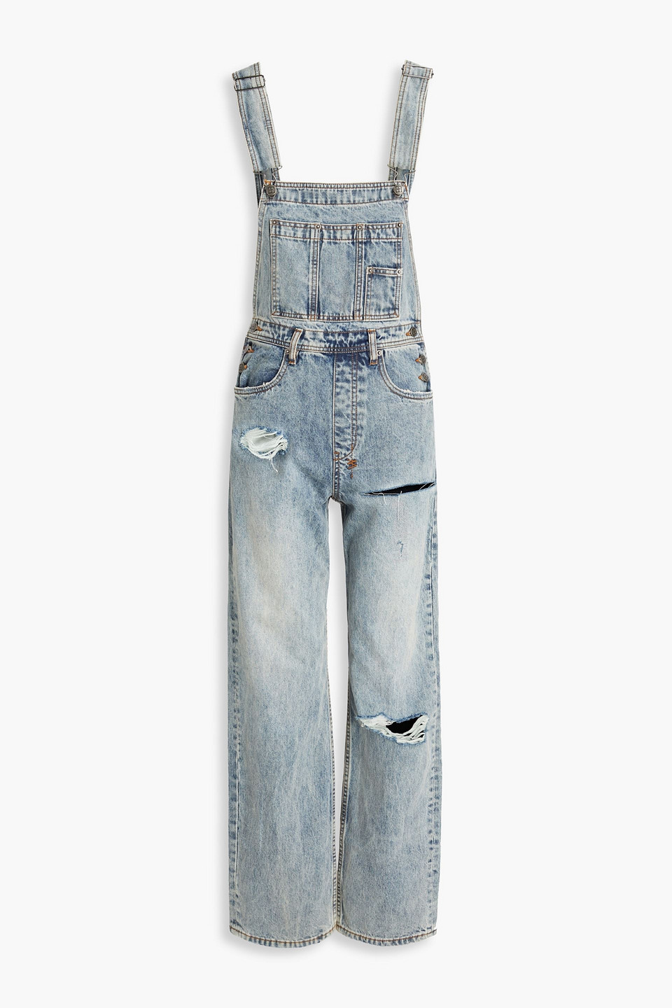 KSUBI CLOSE CALL DISTRESSED DENIM OVERALLS