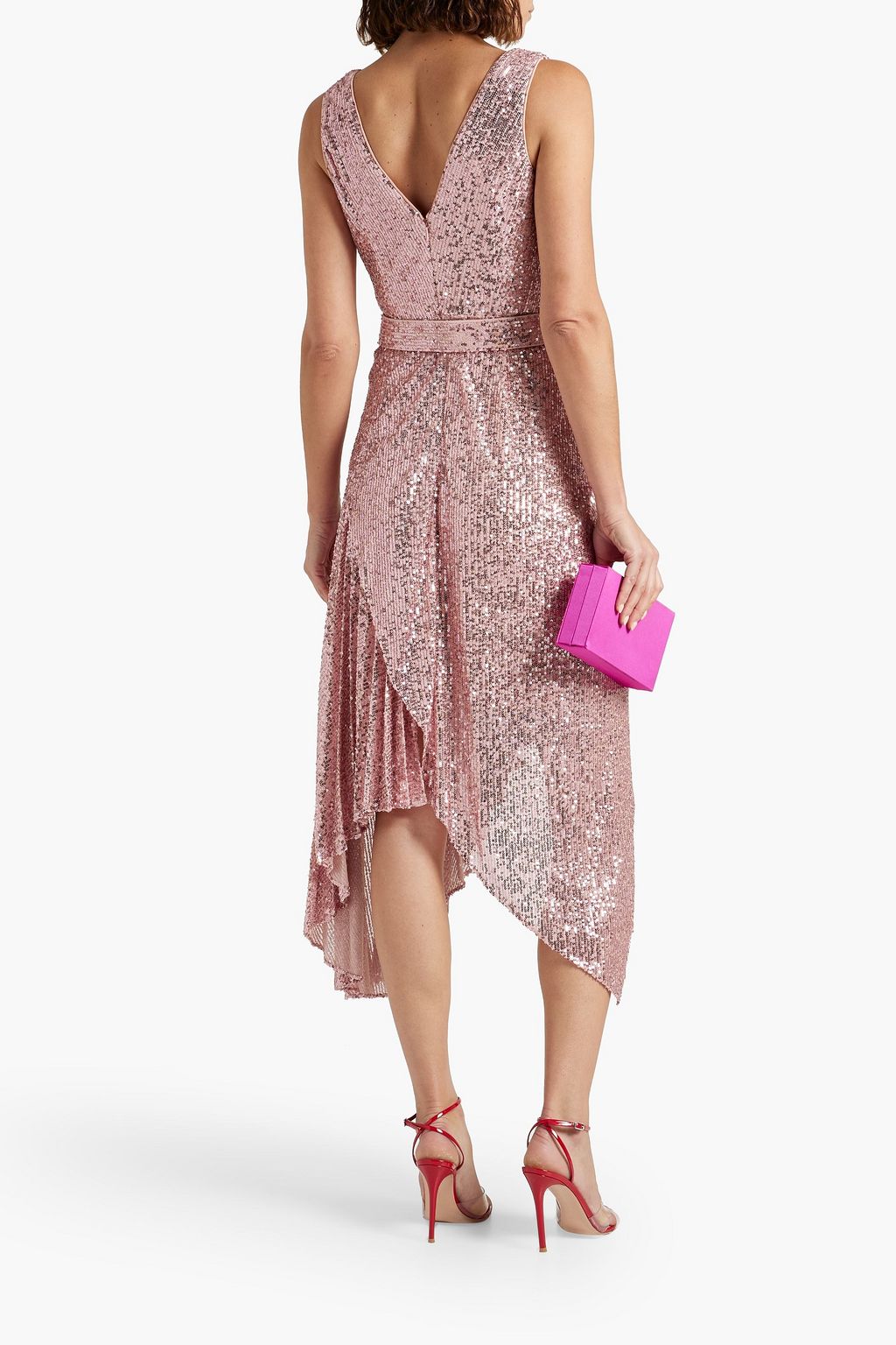 BADGLEY MISCHKA Belted wrap-effect embellished stretch-tulle dress