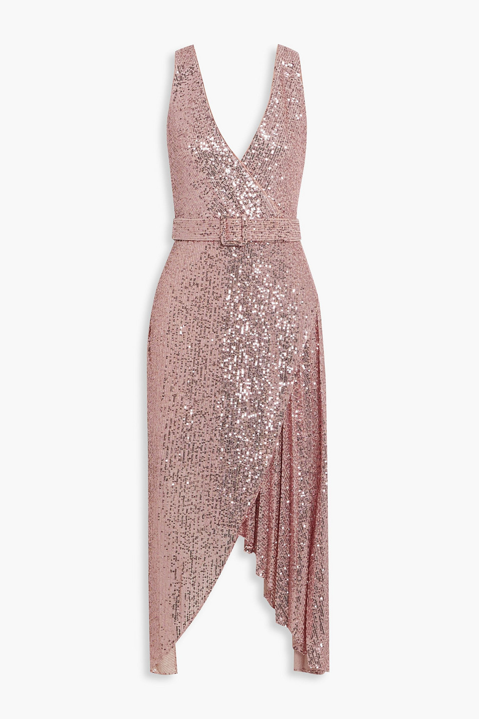 Badgley Mischka Belted Wrap-effect Embellished Stretch-tulle Dress In Blush