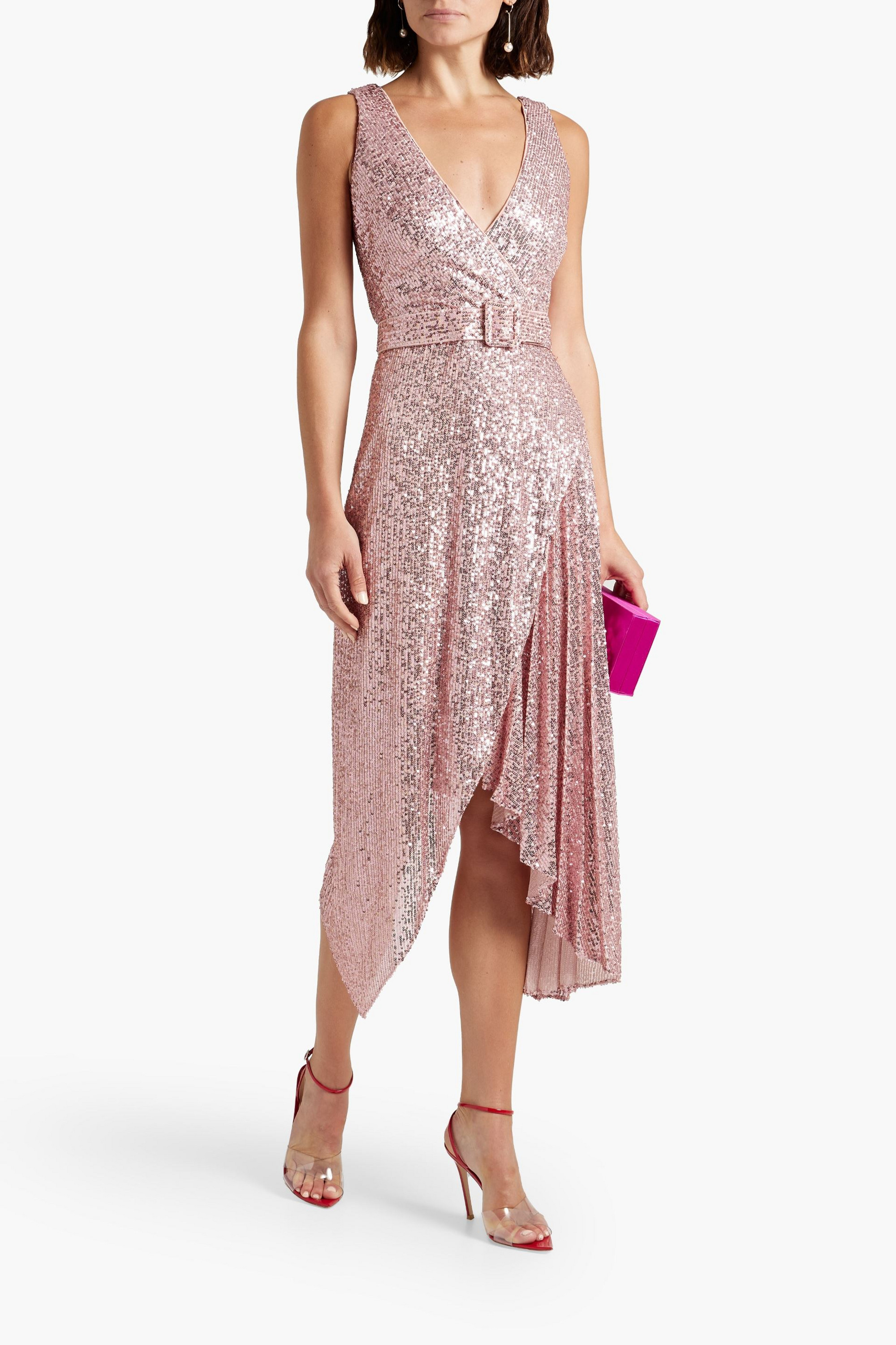 Badgley Mischka Belted wrap-effect embellished stretch-tulle dress
