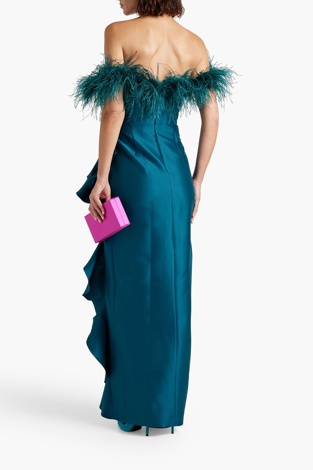 Teal Ruffled feather-trimmed pleated satin-twill gown | BADGLEY MISCHKA | THE OUTNET