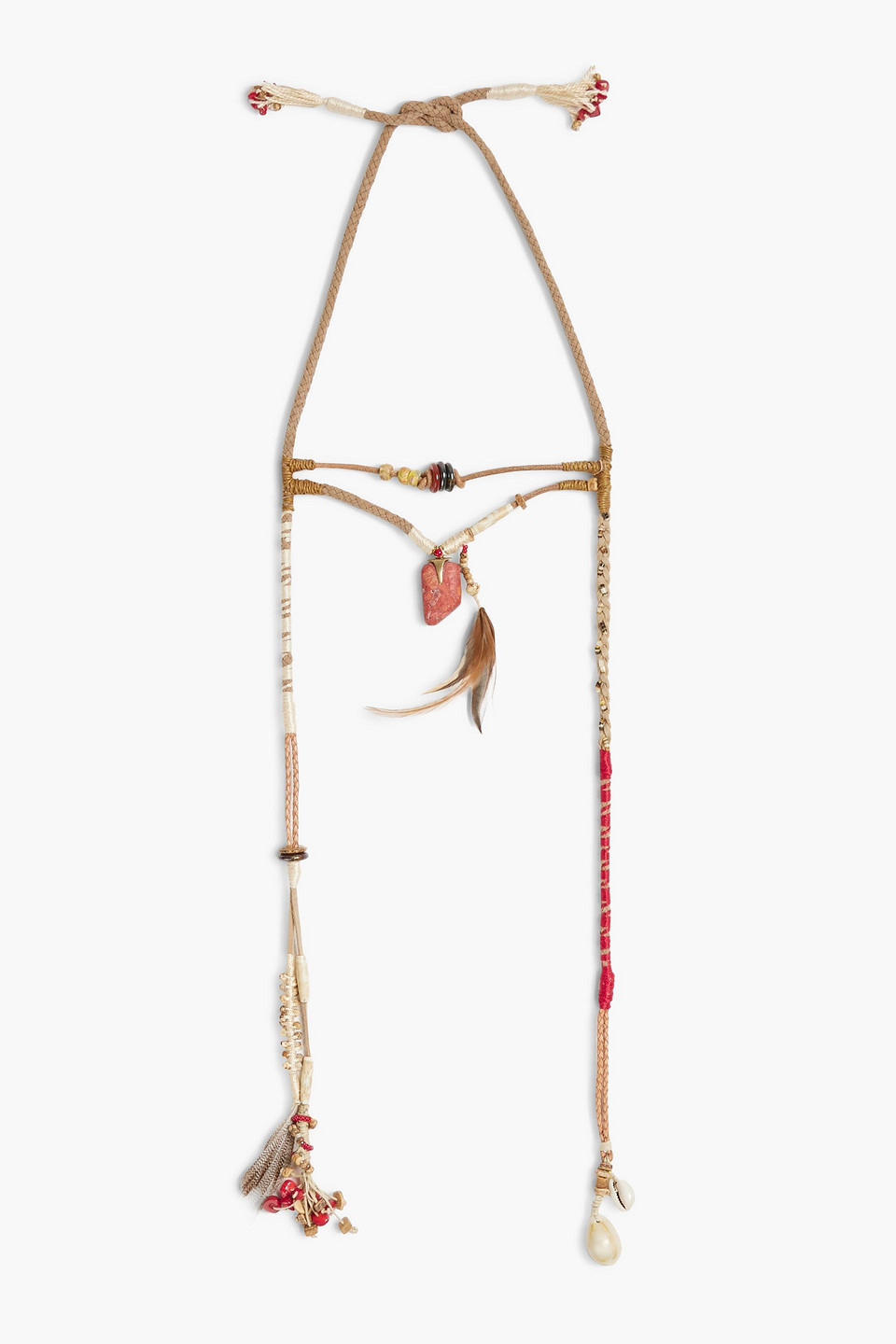 Suede, feather, shell and multi-stone necklace