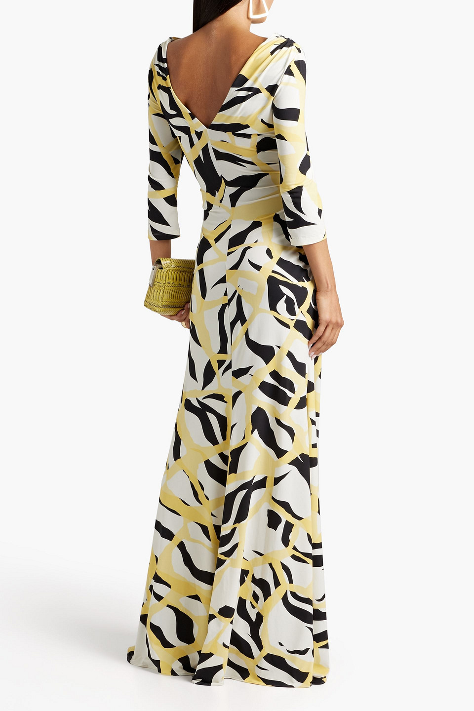 Shop Roberto Cavalli Ruched Printed Jersey Maxi Dress In Pastel Yellow