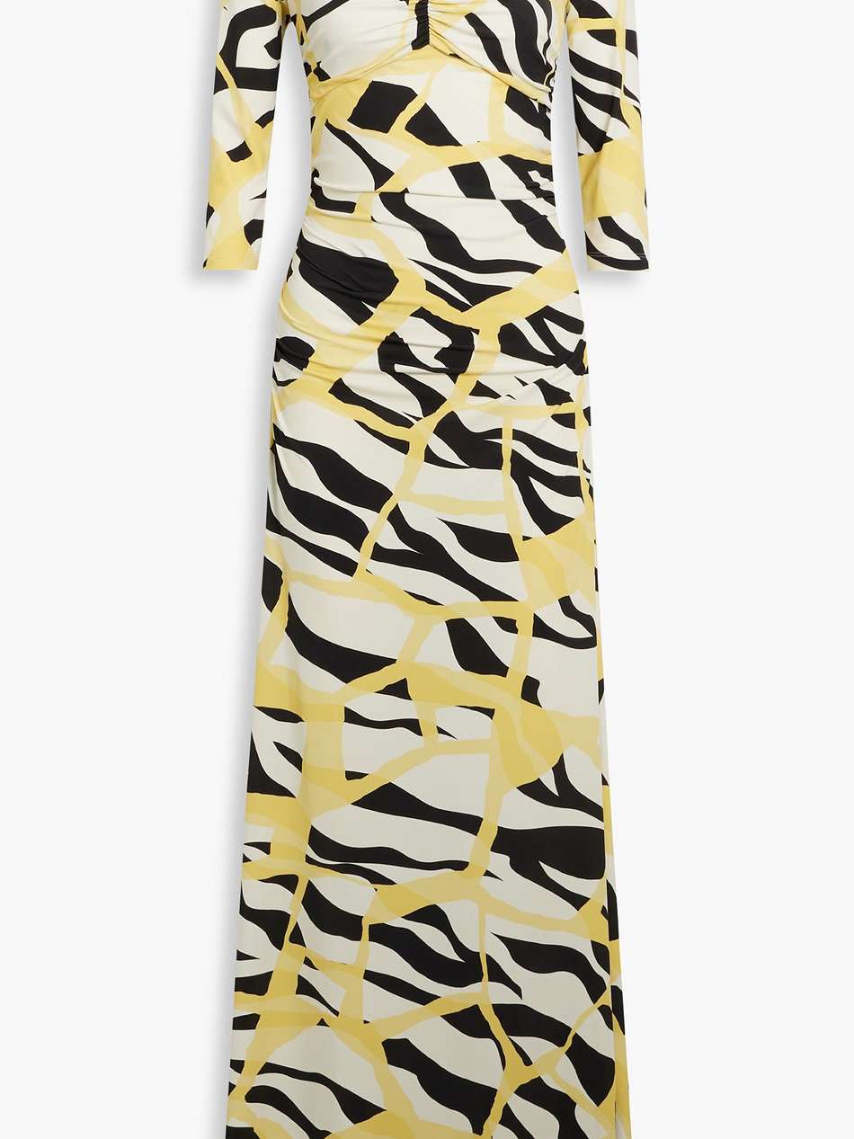 ruched printed jersey maxi dress