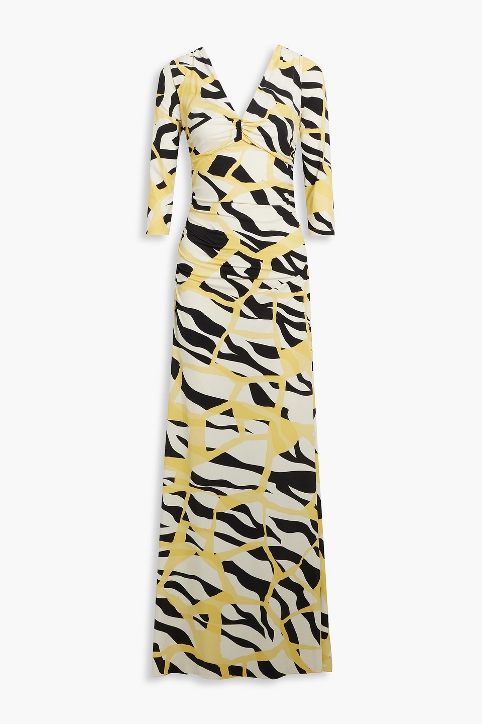 Roberto Cavalli Ruched Printed Jersey Maxi Dress In Pastel Yellow