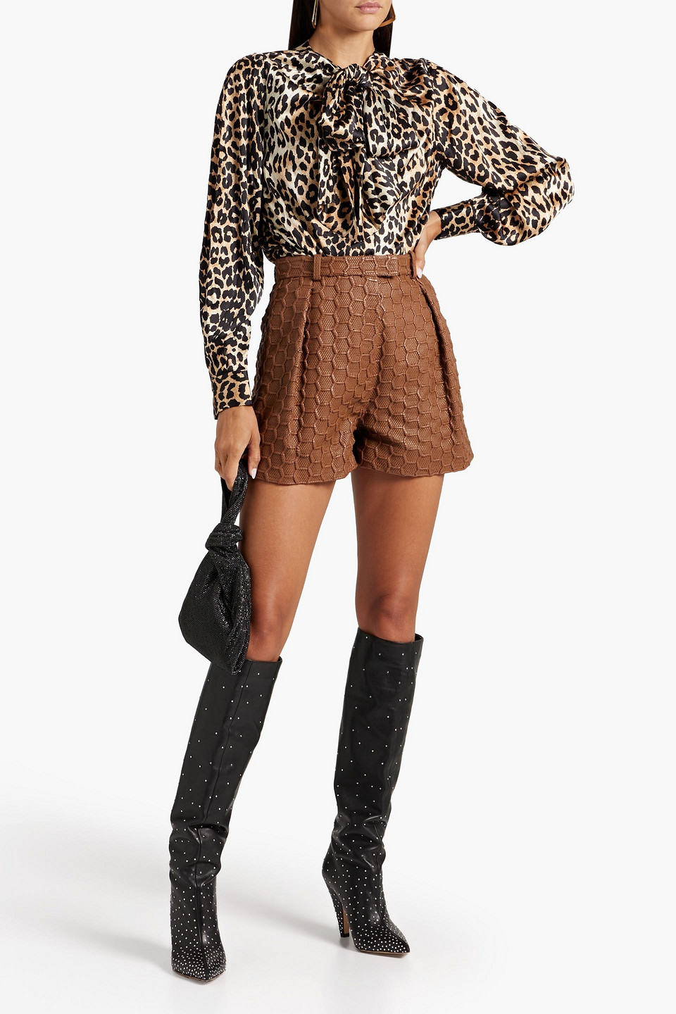 Shop Roberto Cavalli Pleated Woven Faux Leather Shorts In Light Brown