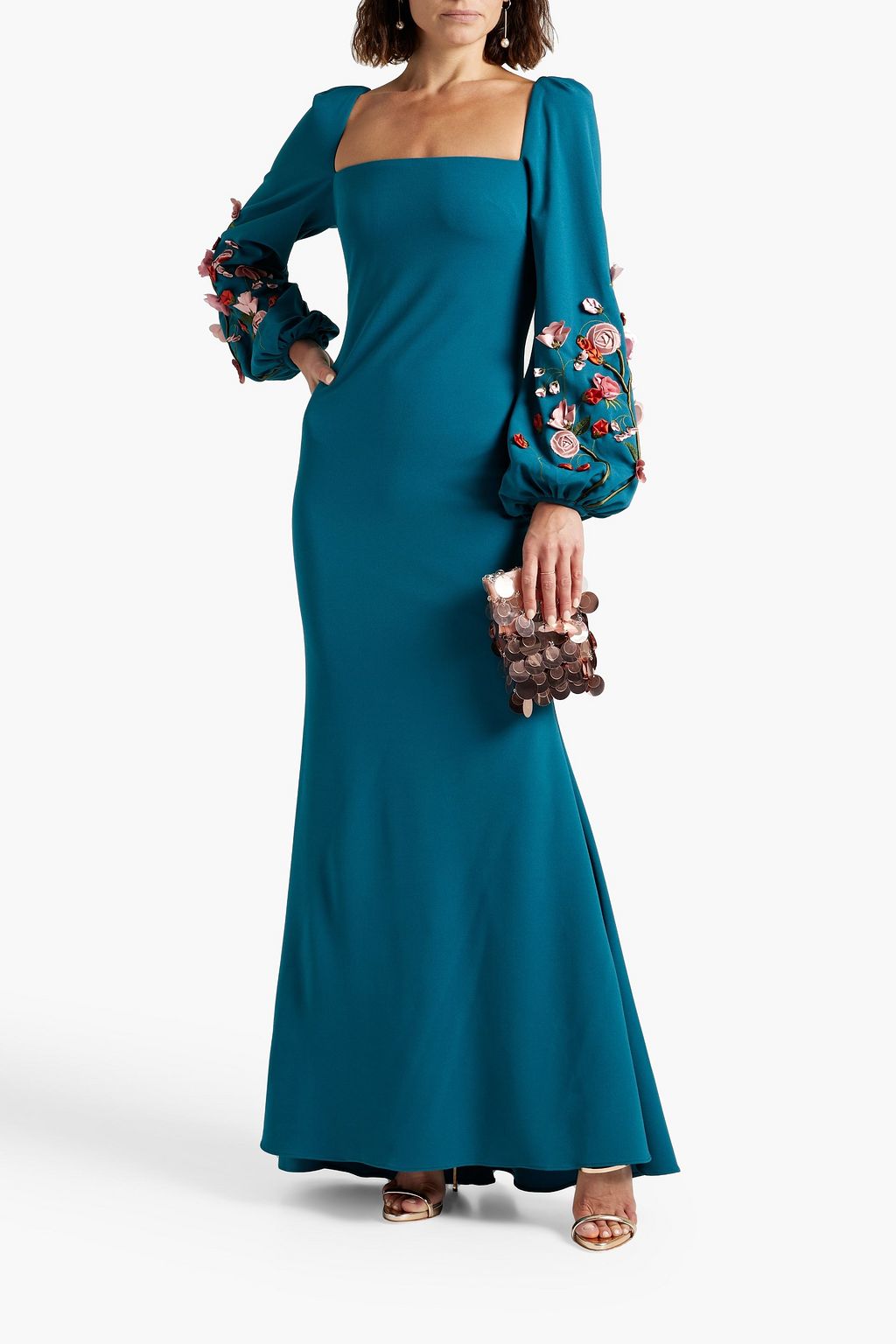 BADGLEY MISCHKA Fluted floralappliquéd crepe gown Sale up to 70 off