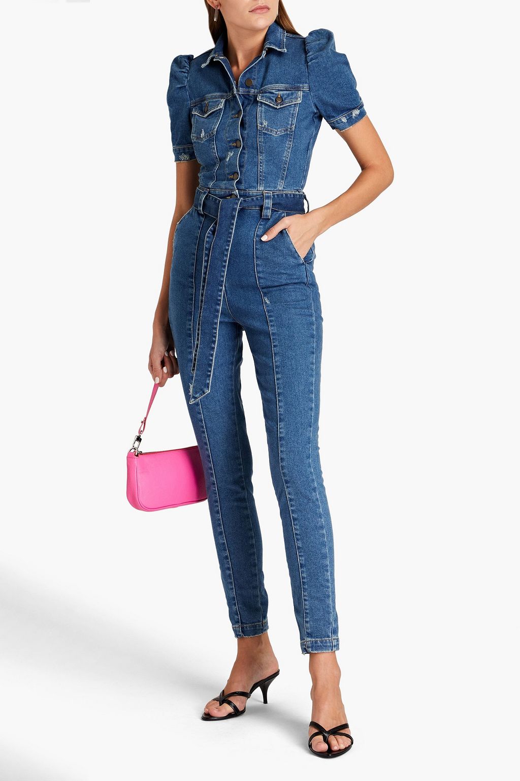 RETROFÊTE Belted distressed denim jumpsuit