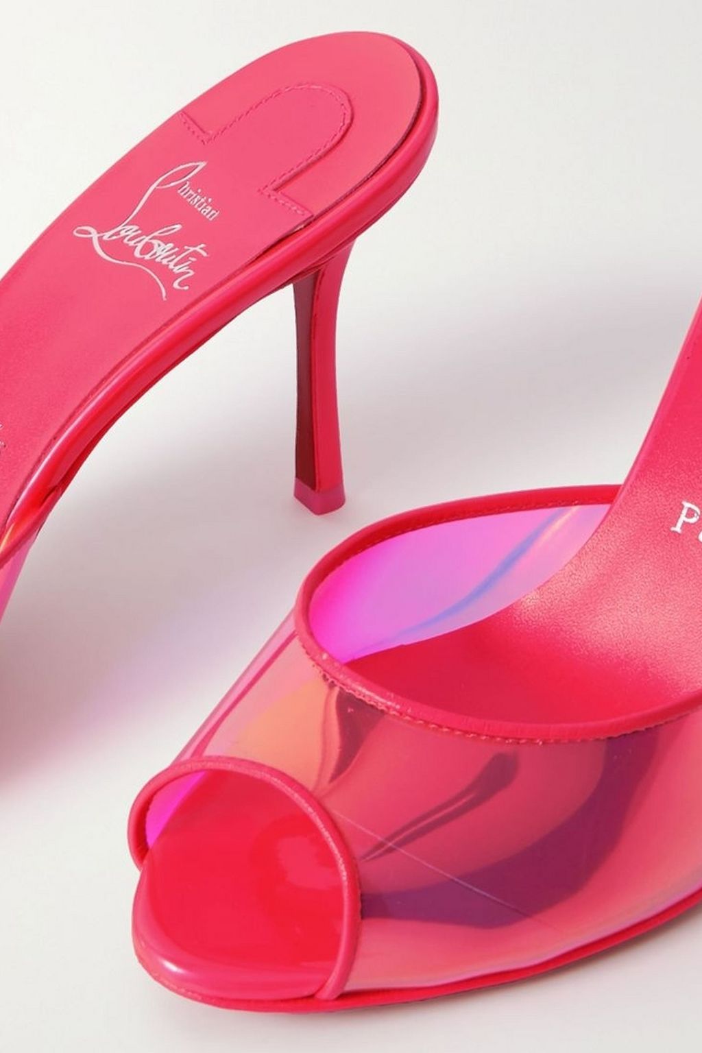 CHRISTIAN LOUBOUTIN Me Dolly 85 patent-leather trimmed iridescent PVC mules
