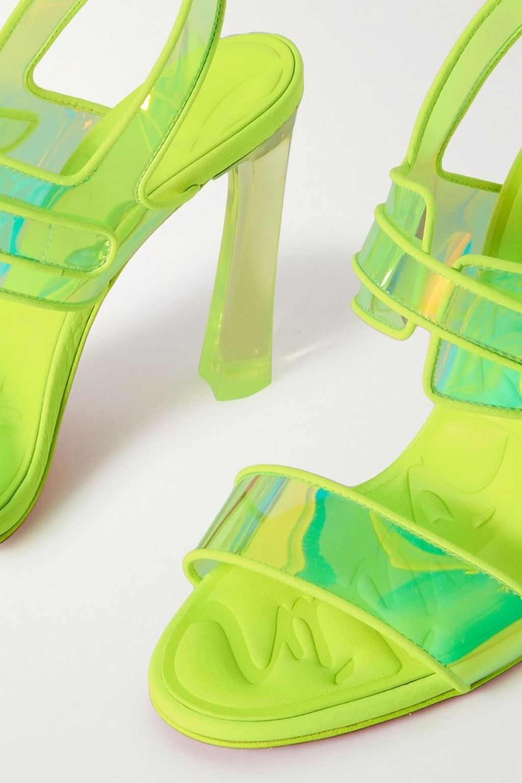 CHRISTIAN LOUBOUTIN Loubi Duniss 100 neon leather-trimmed iridescent PVC slingback sandals