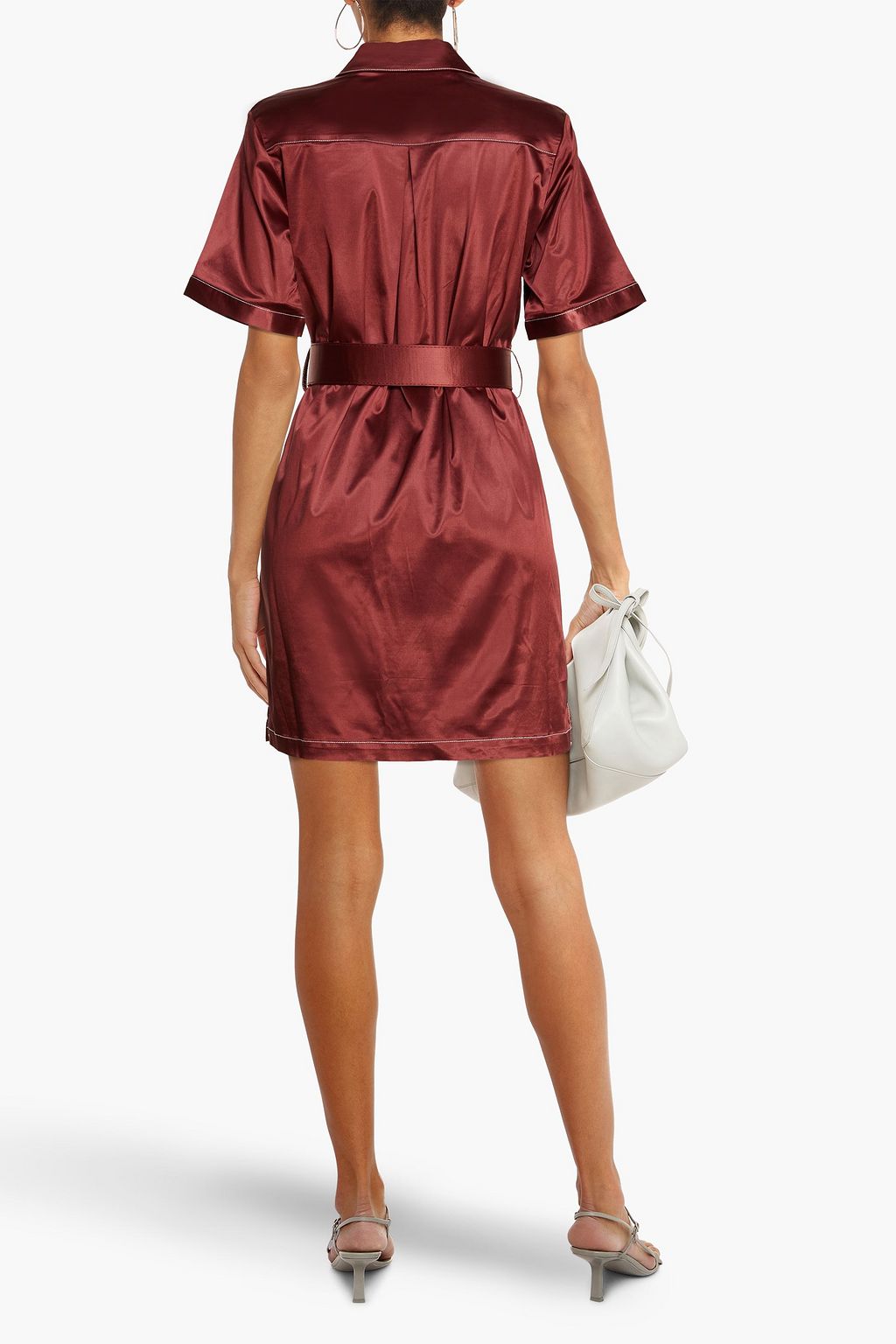 STAUD Pleated belted satin mini shirt dress