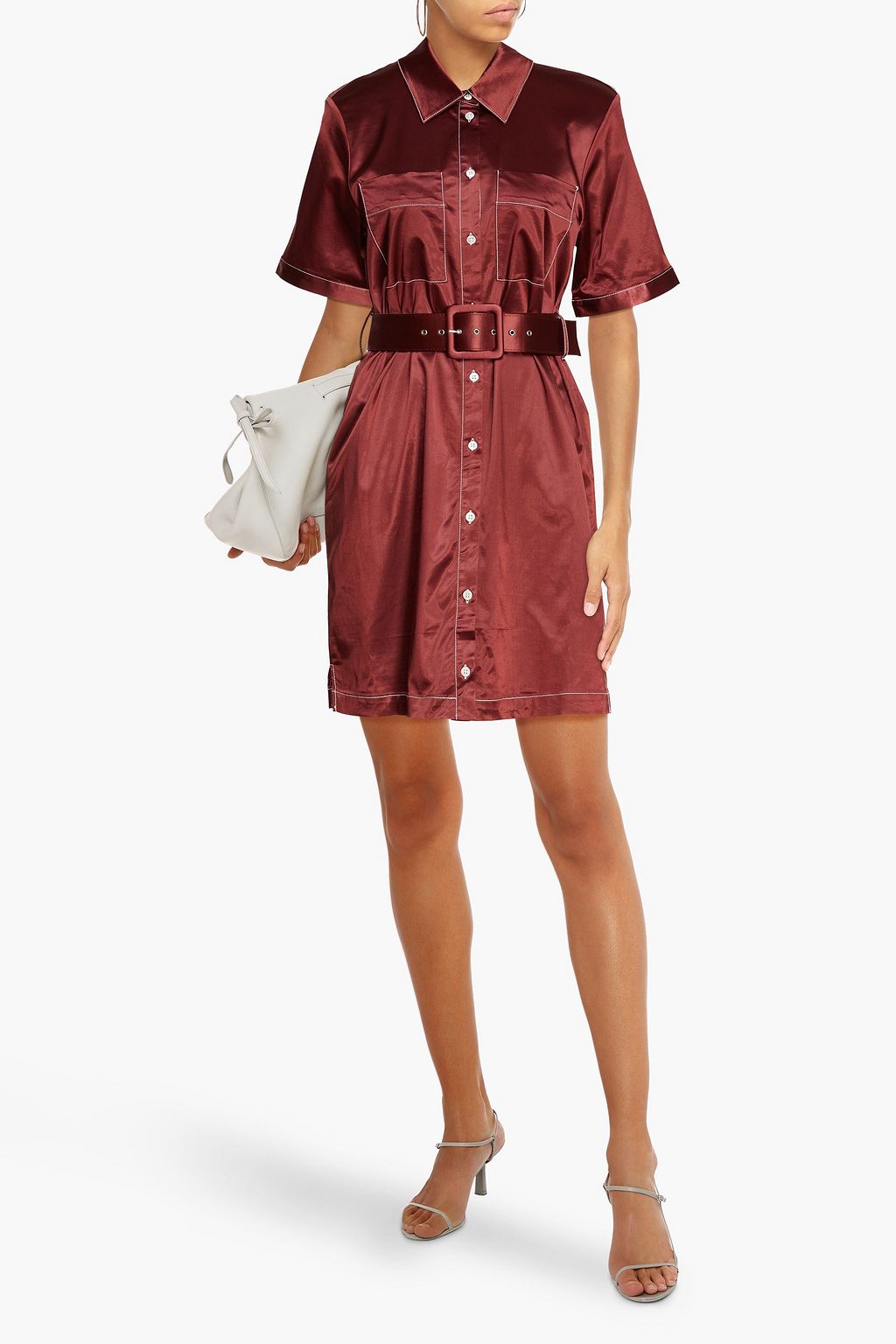 STAUD Pleated belted satin mini shirt dress