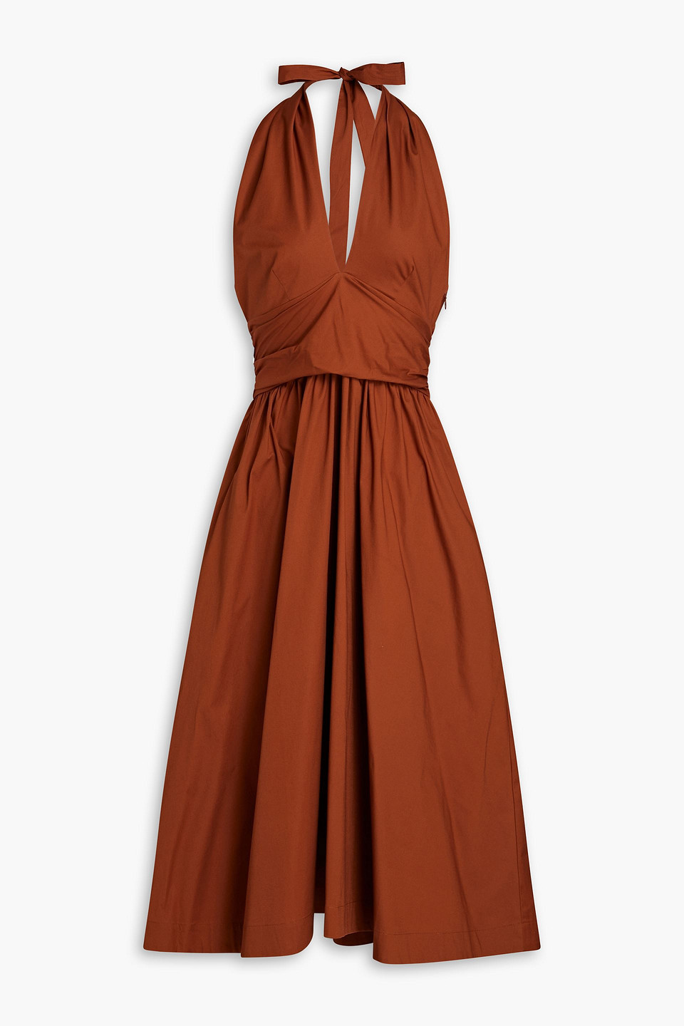 Staud Open-back Cotton-blend Poplin Halterneck Midi Dress In Brown