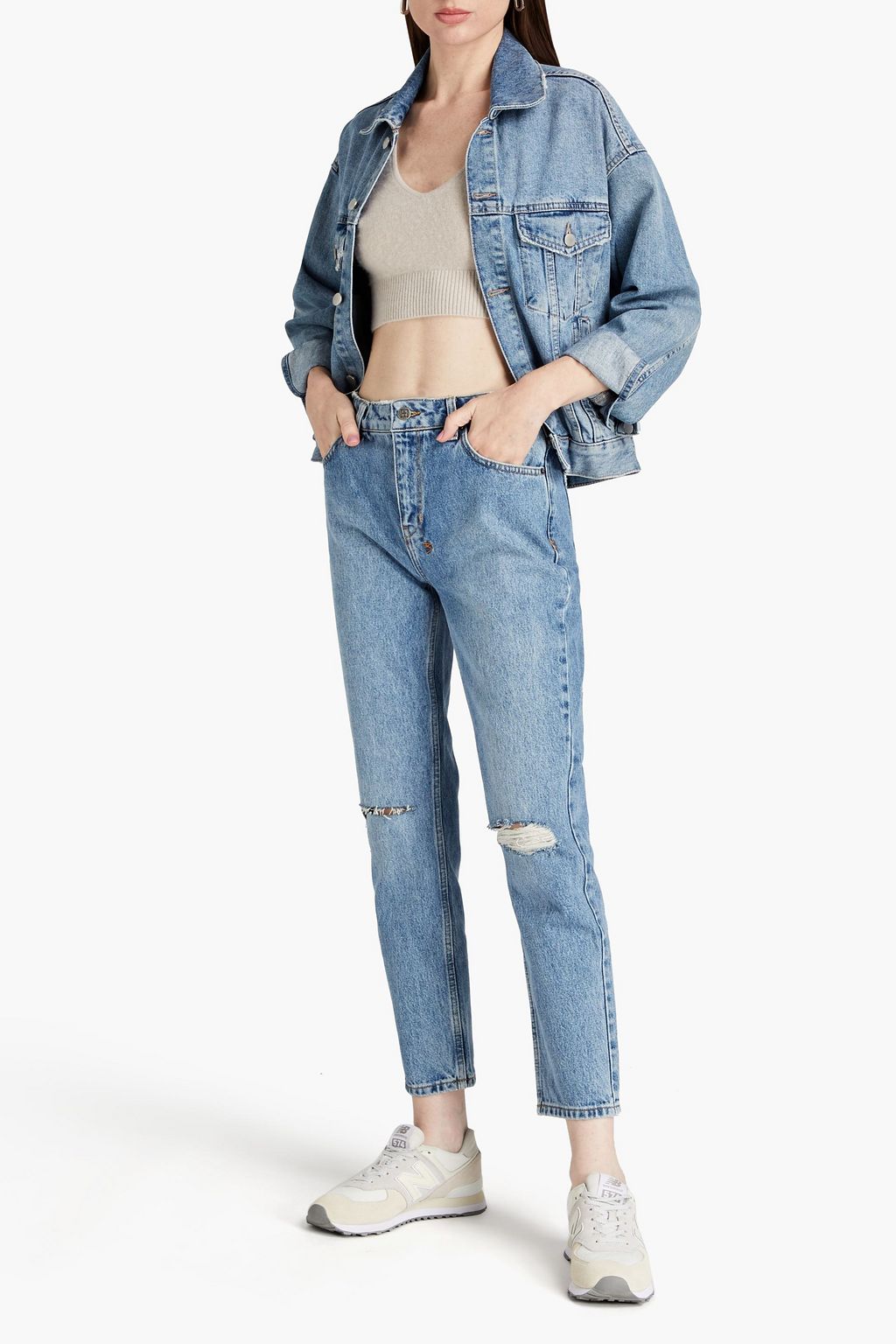 KSUBI بنطلون جينز بقصّة أرجل مستقيمة وخصر مرتفع بتصميم ممزق