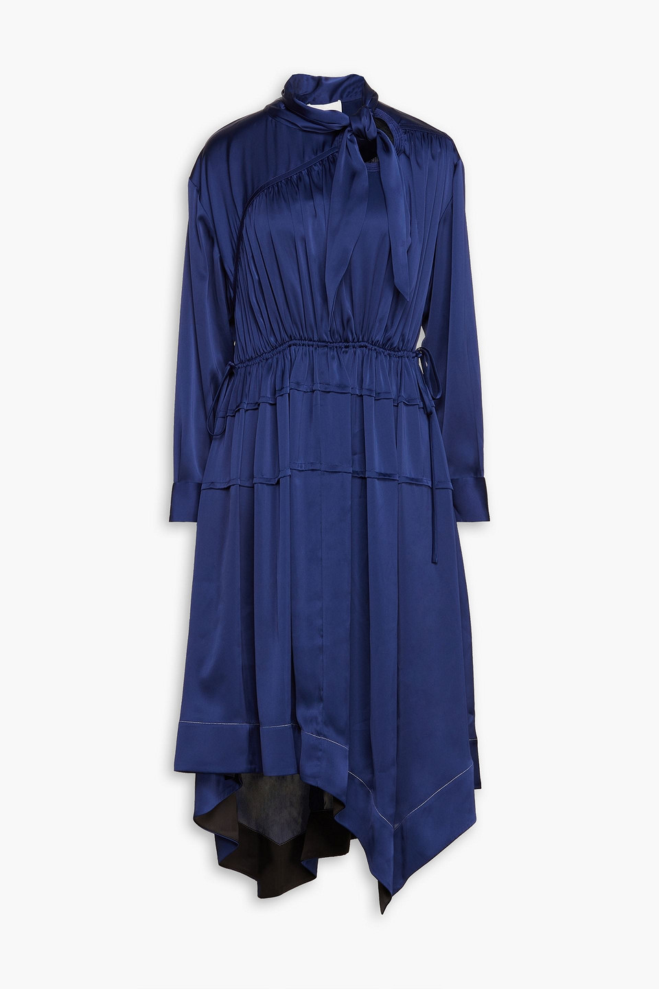 3.1 Phillip Lim Asymmetric Gathered Pleated Satin Midi Dress In Navy