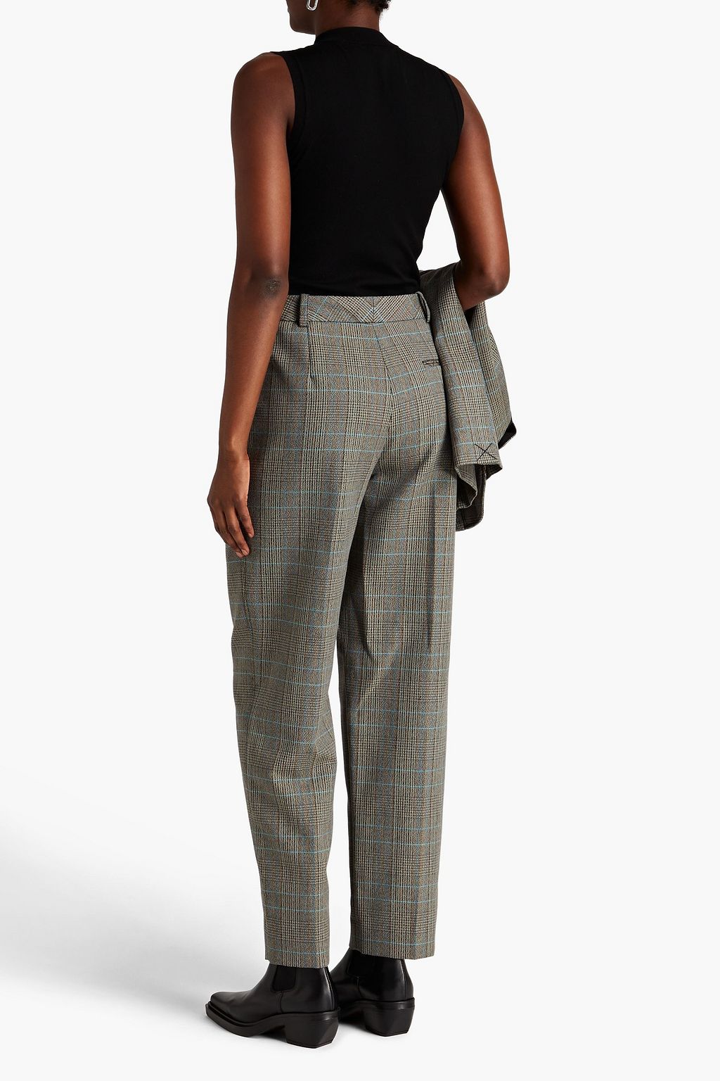 3.1 PHILLIP LIM بنطلون بقصّة مدببة من مزيج الصوف بنقش مربّعات برنس أوف ويلز ومزين بكسرات