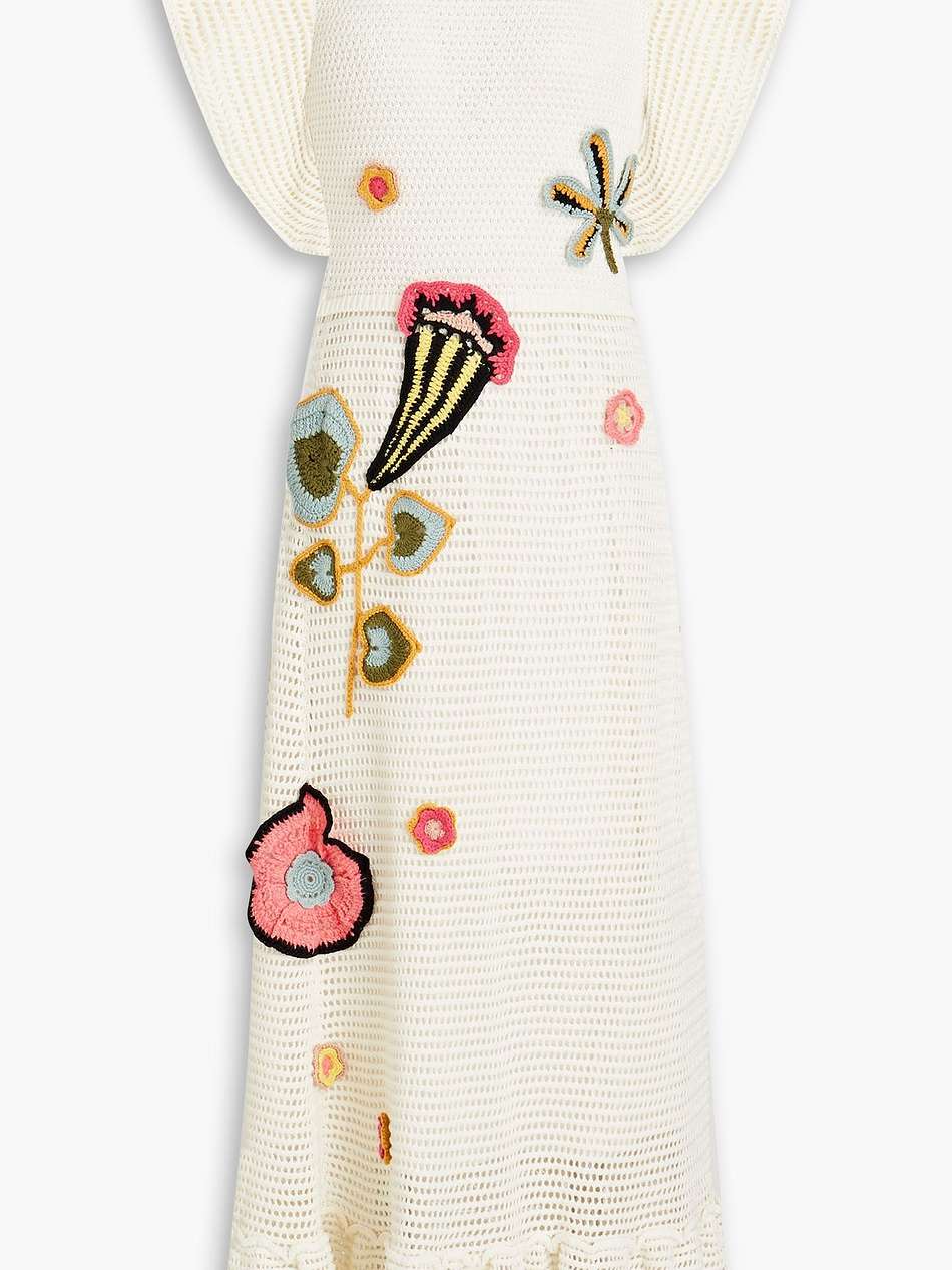 floral-appliquéd crochet-knit cotton midi dress