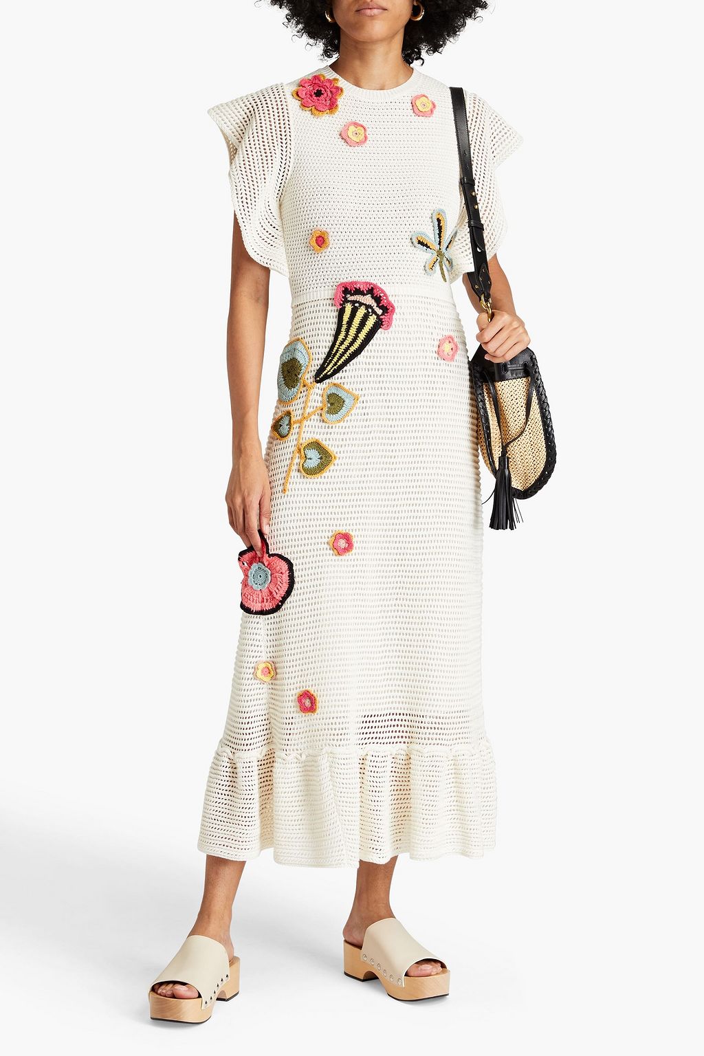 REDVALENTINO Floral-appliquéd crochet-knit cotton midi dress