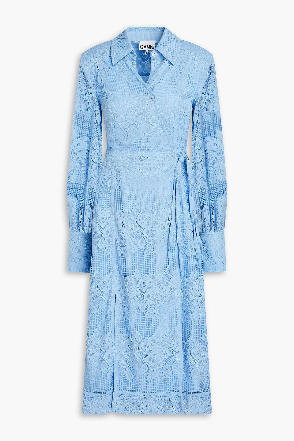 Corded lace and crochet midi wrap dress