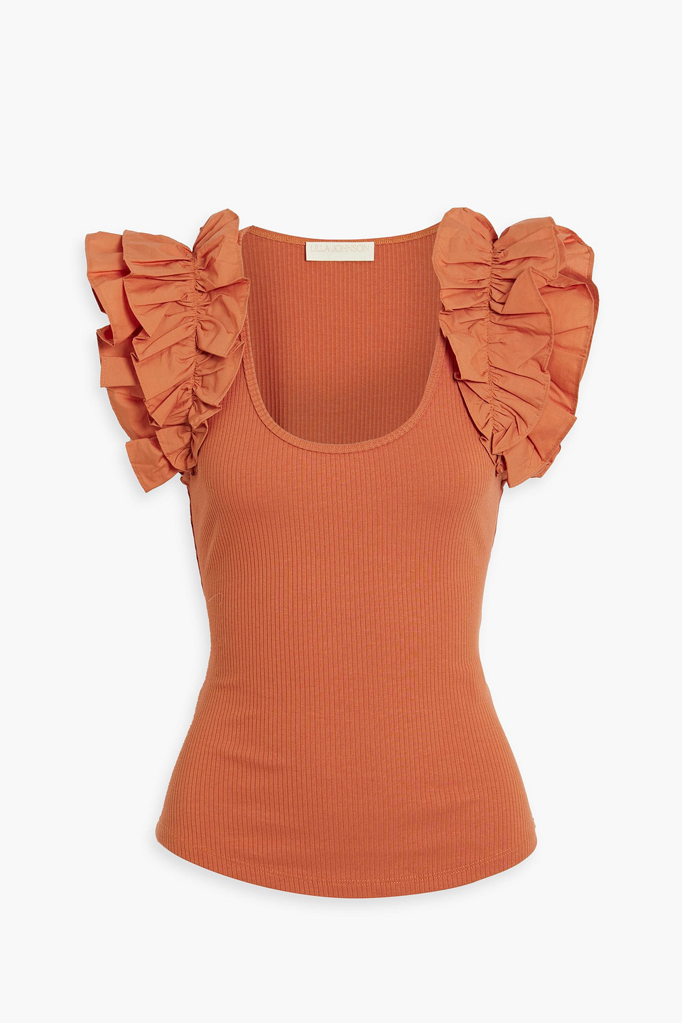 Ulla Johnson Ruffled Poplin-trimmed Ribbed-knit Top In Peach