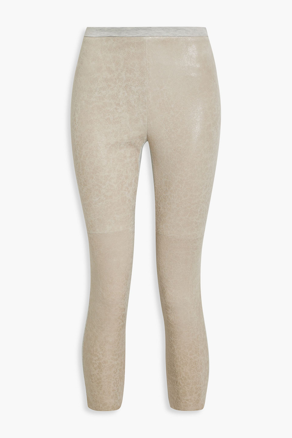 Cropped jersey-paneled cracked suede leggings