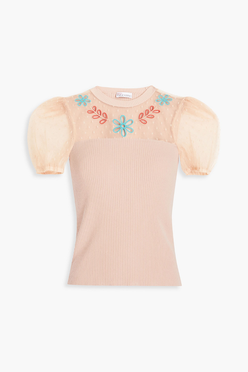 Red Valentino Embroidered Point D'esprit And Ribbed-knit Top In Blush