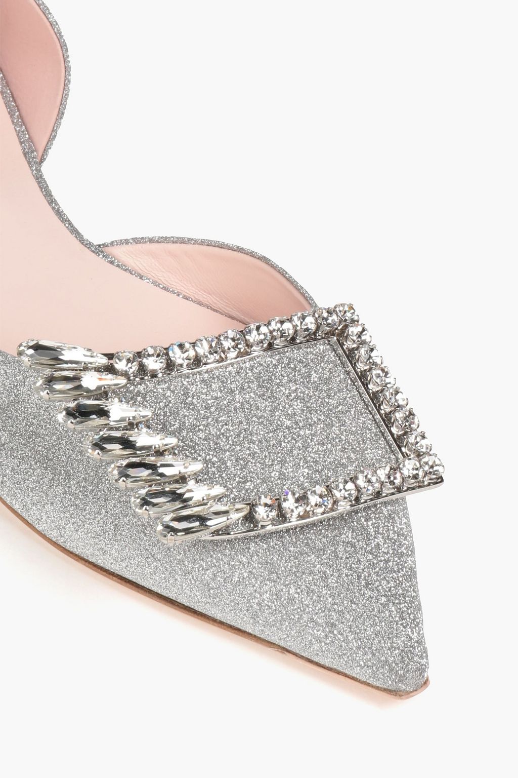 ROGER VIVIER Buckle-embellished glittered woven point-toe flats